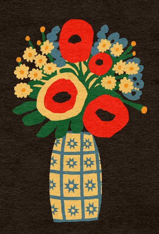 Colorful floral arrangement with red flowers and a checkered vase on a dark background
