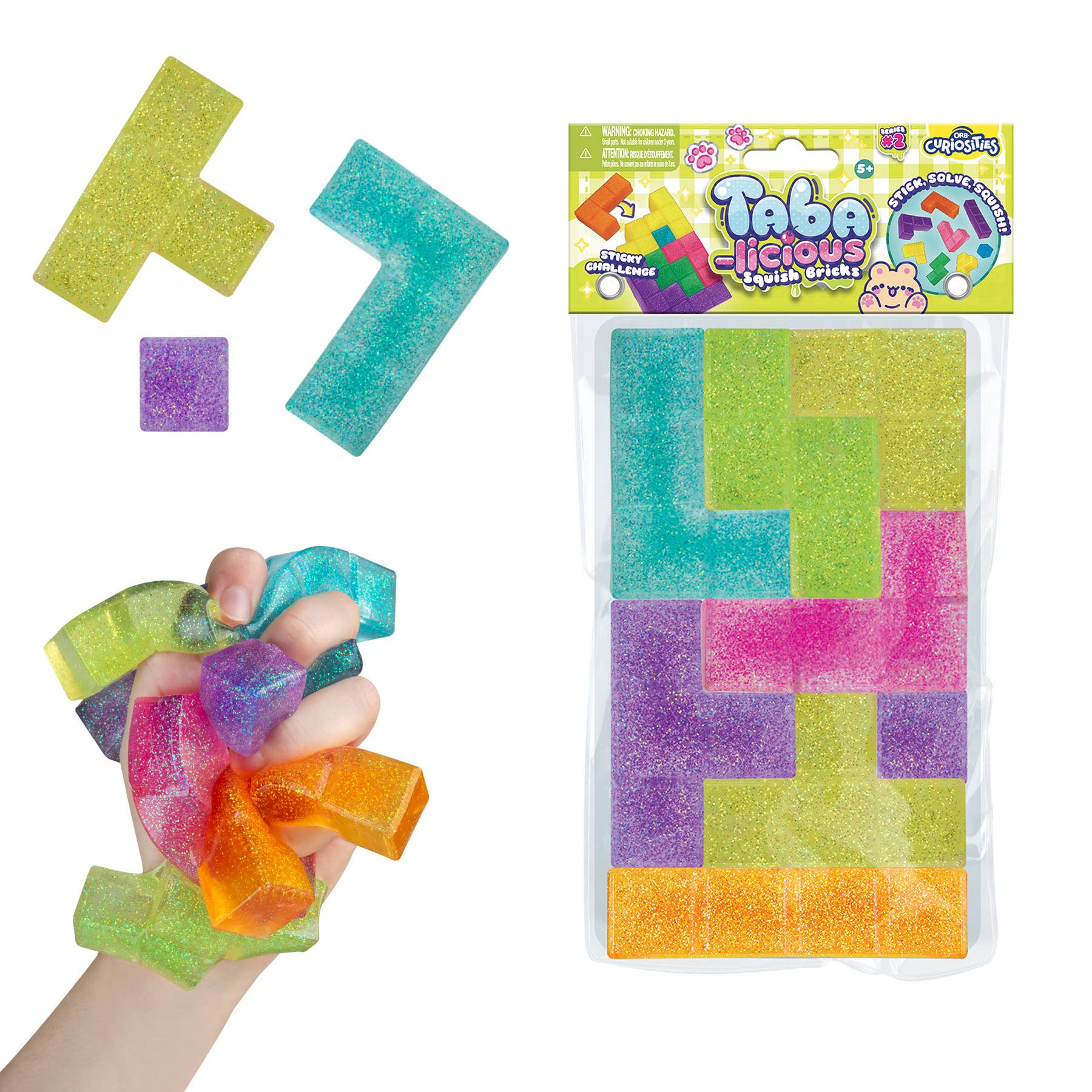 Colorful squishy blocks with packaging labeled 'Taba licious' on a white background
