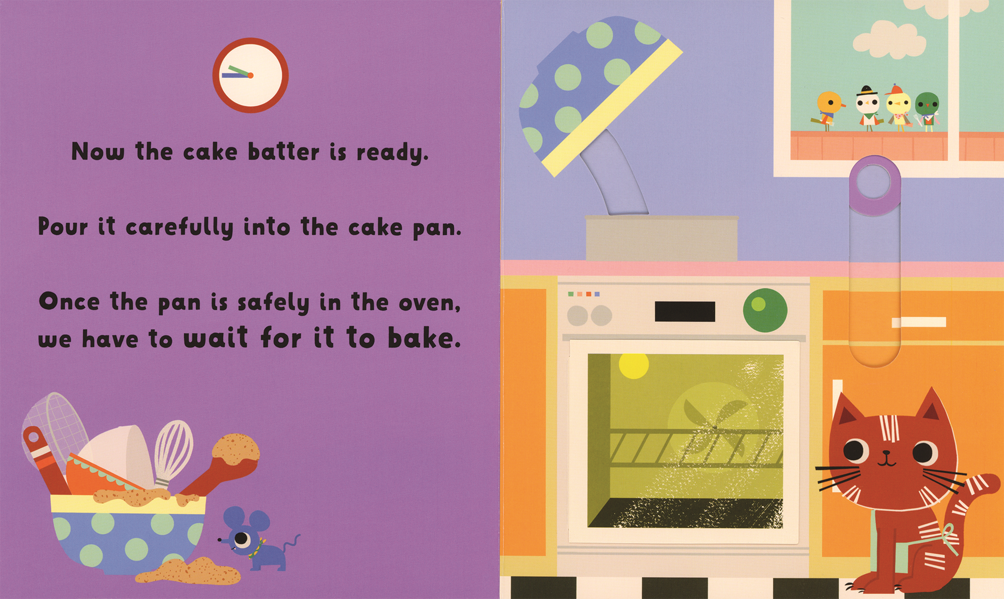 Illustrated page from a children's book about baking a cake, featuring a cat character and kitchen elements.