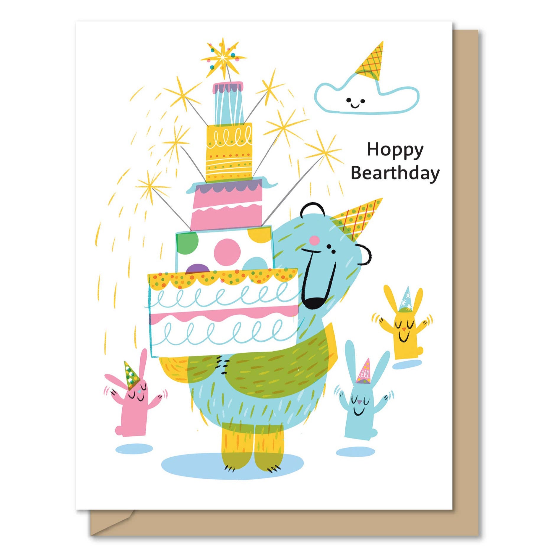 Birthday card with a bear celebrating a birthday, surrounded by small bear characters and a cake.