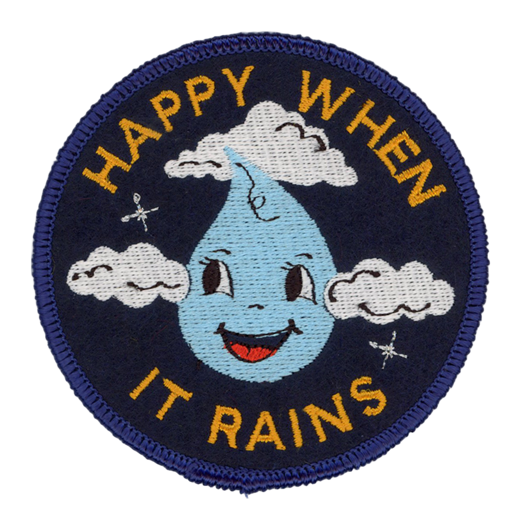 Embroidered patch with a smiling raindrop and clouds on a navy background with yellow text.