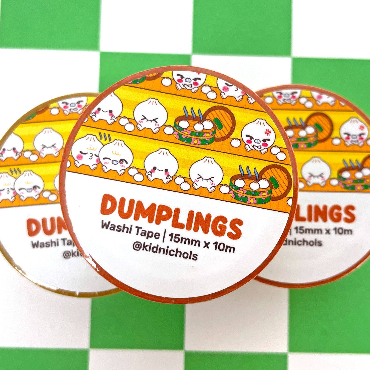 Washi tape with dumpling design on a green and white checkered background