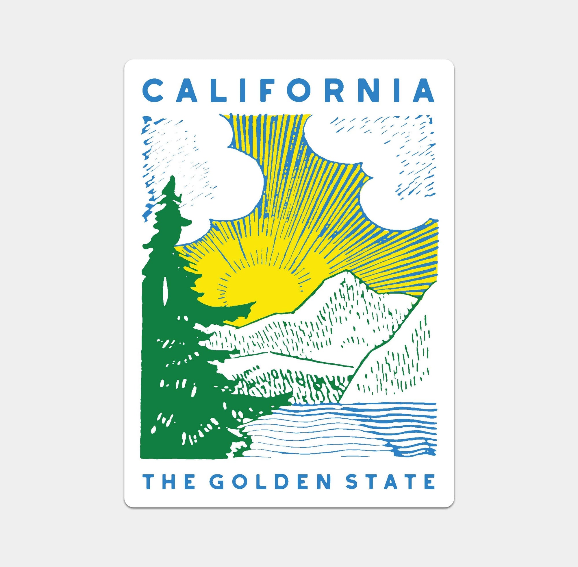 Illustration of California with a sun, trees, and mountains on a white background
