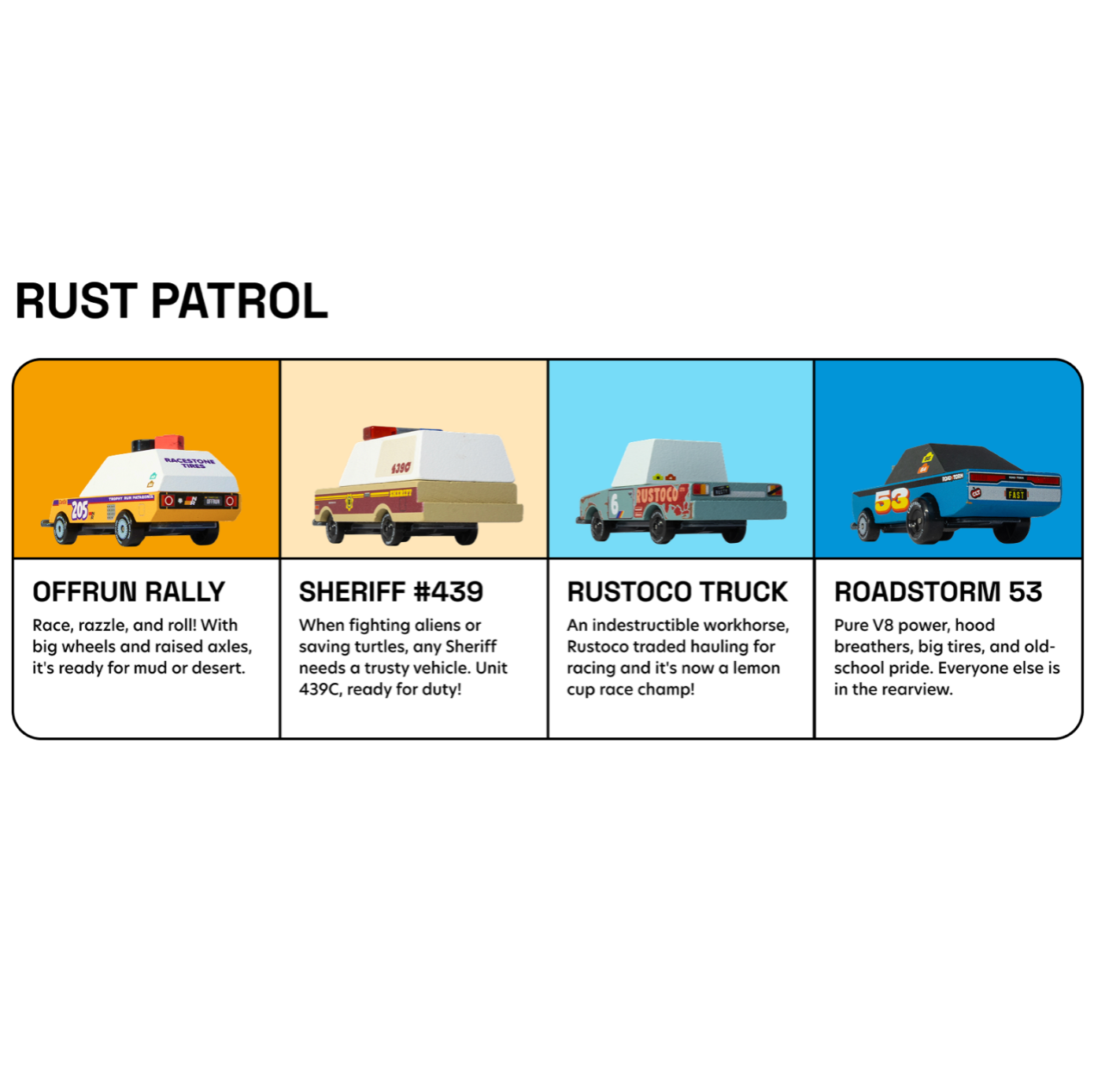 Illustrations of different cars with text descriptions on a white background