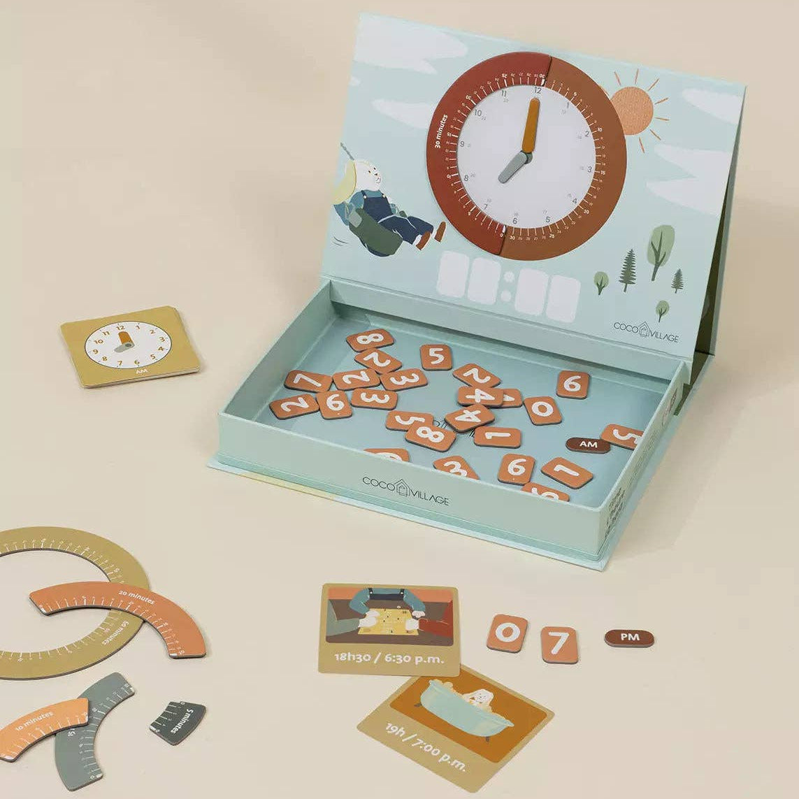 Children's educational puzzle with numbers and letters on a beige background