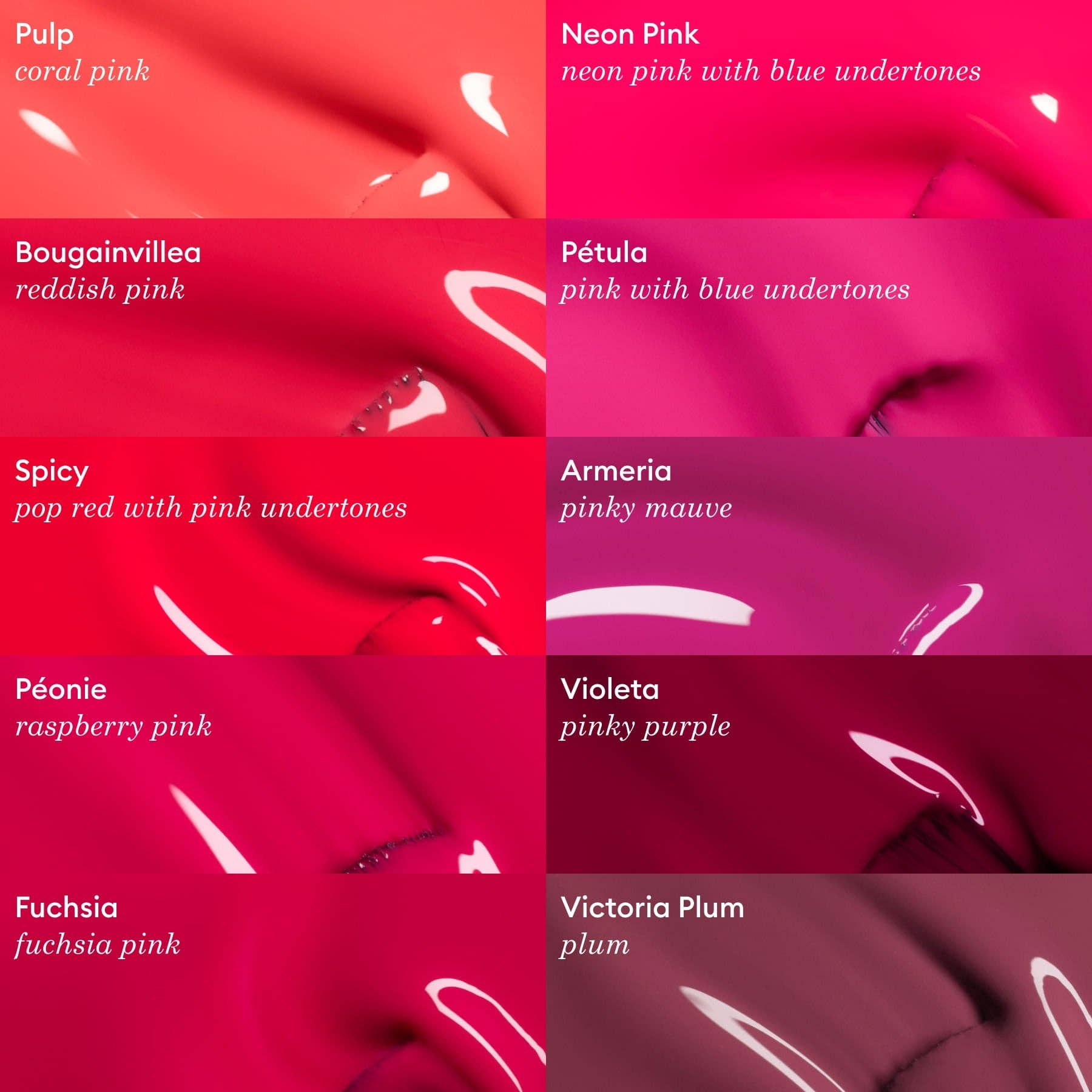 Color swatches of pink lipsticks with names and descriptions