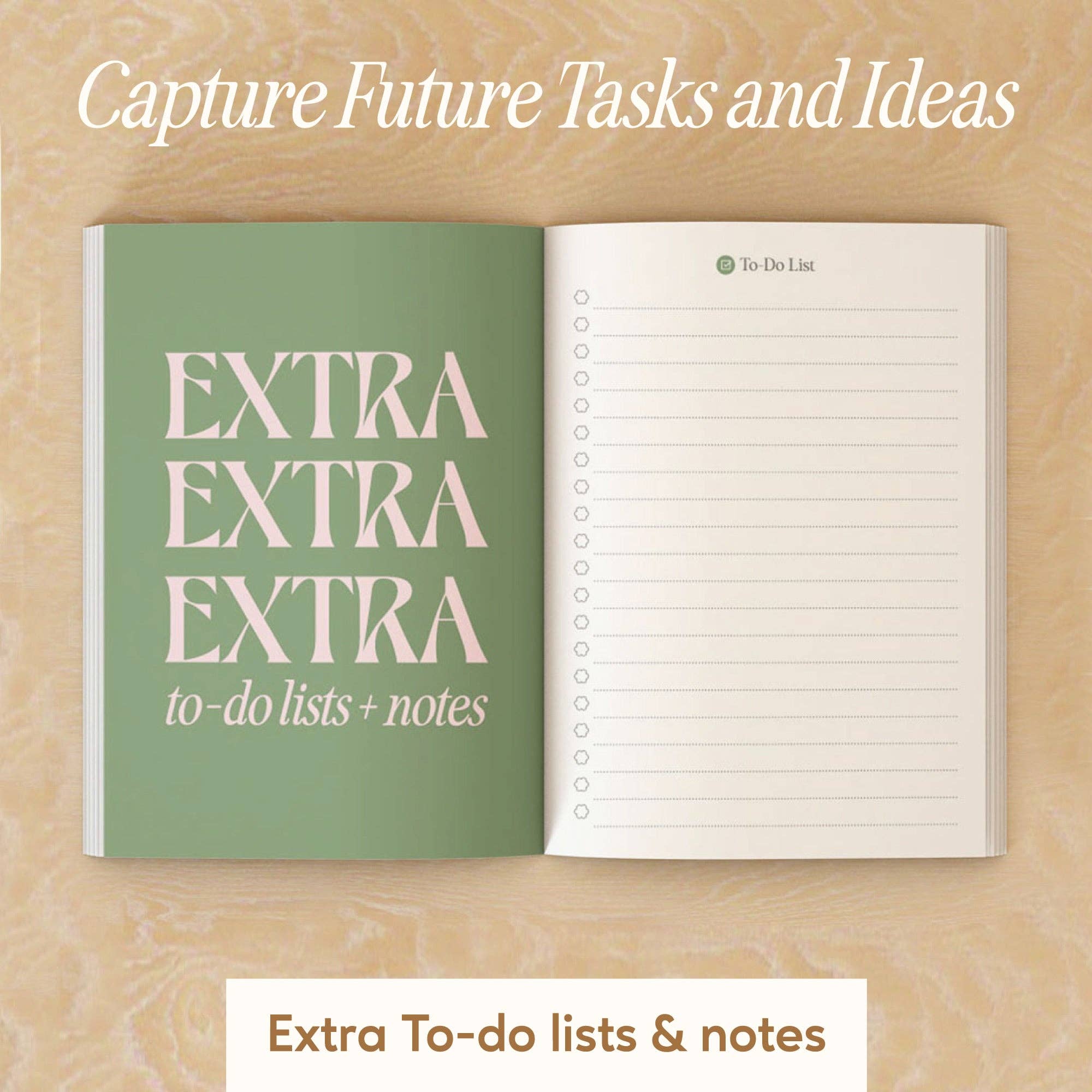 Open notebook with green cover and white pages on a beige background
