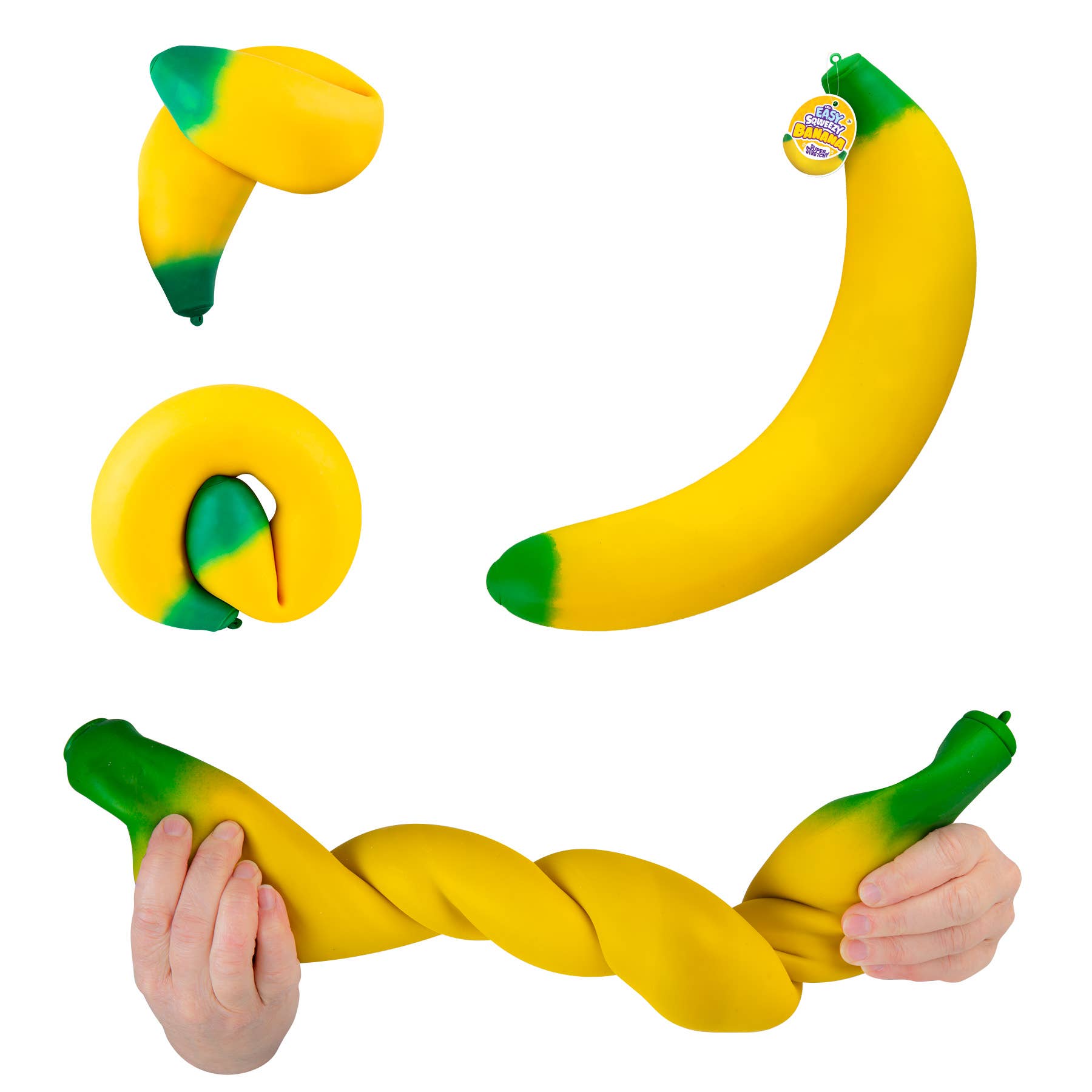 Banana-shaped toy with green ends on a white background