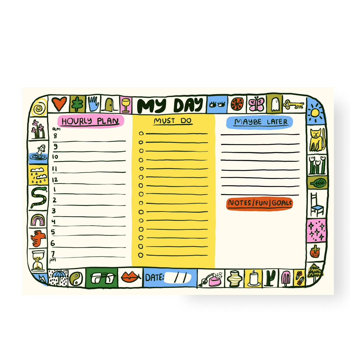 Colorful daily planner with sections for hourly plan, must do, maybe later, and notes on a white background.