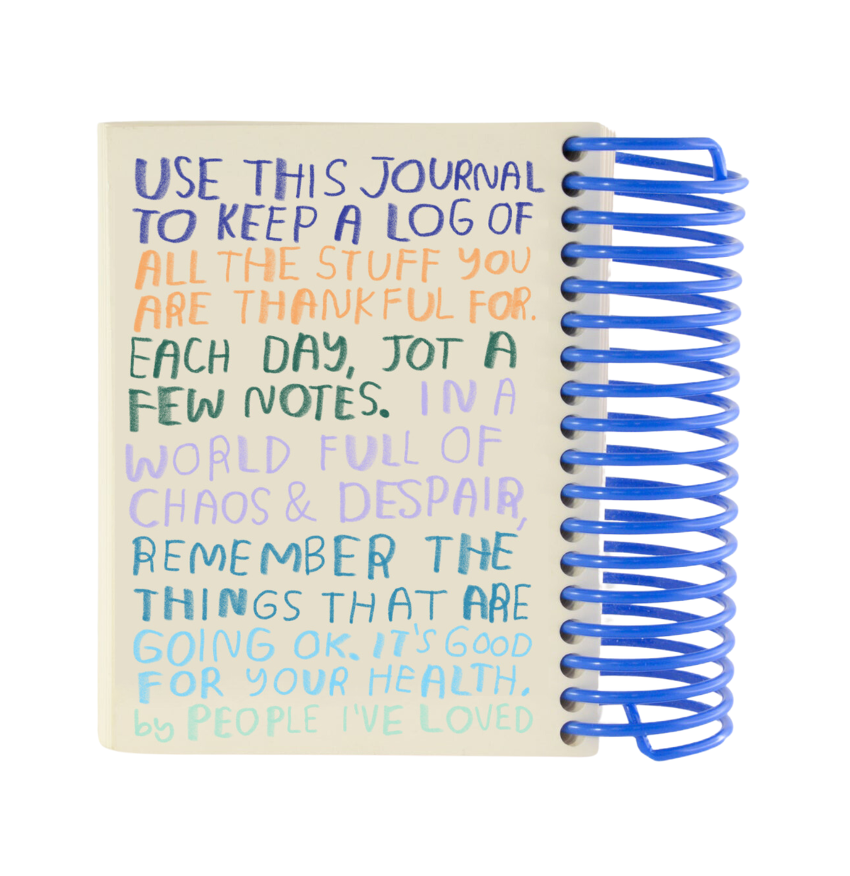 Journal with colorful text on a white background