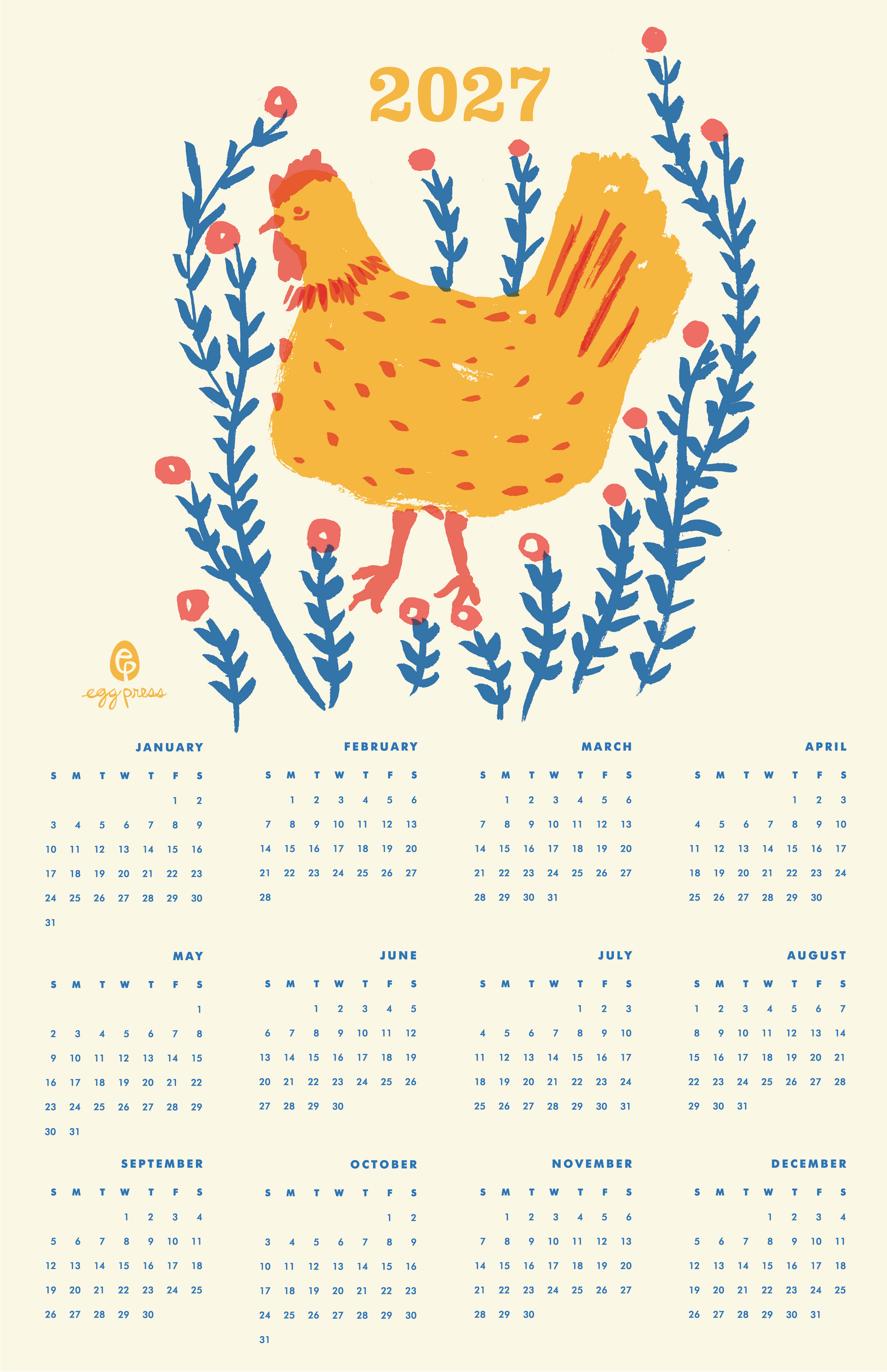 A 2027 yearly calendar print featuring a stylized orange-yellow rooster framed by blue floral branches on a cream background, with the months arranged in a grid below.