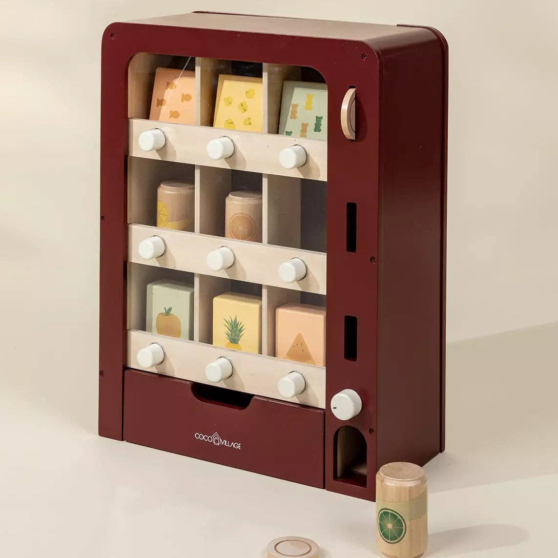 Maroon storage cabinet with drawers on a beige background