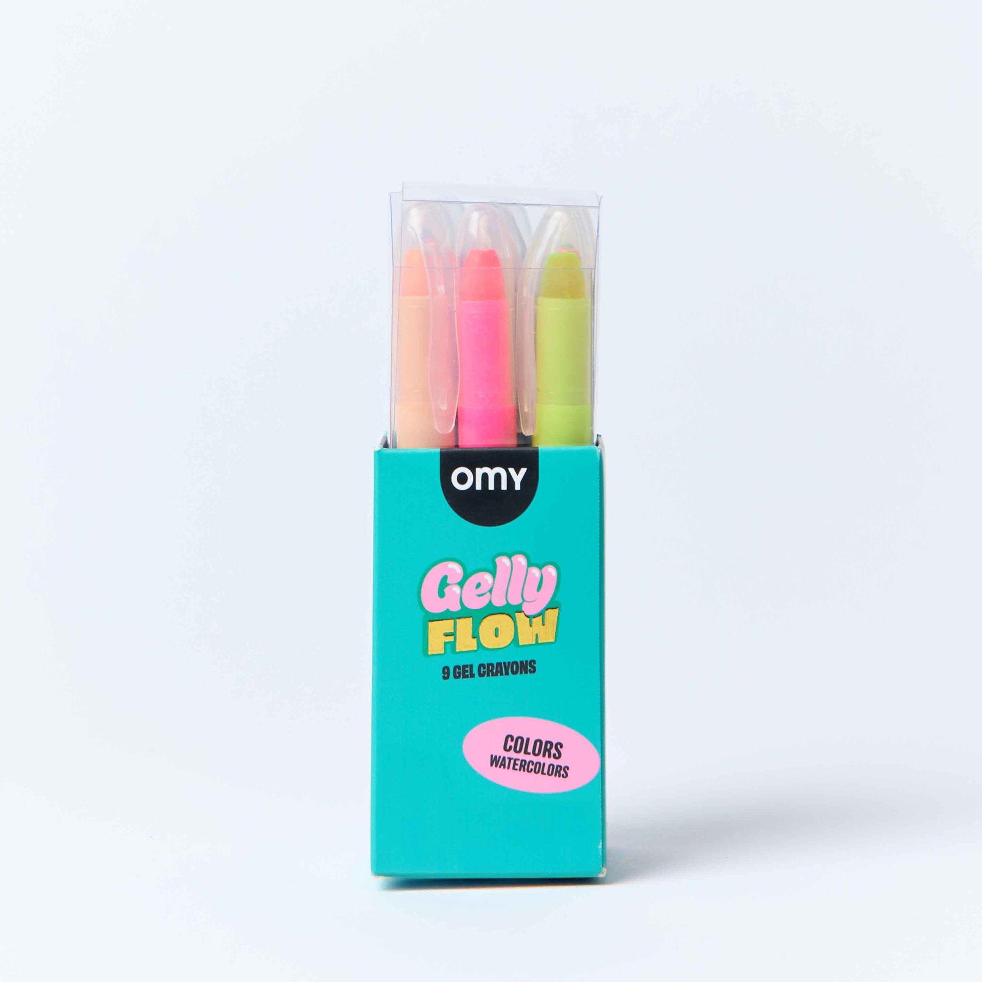Pack of colorful gel crayons with 'omy' branding on a white background