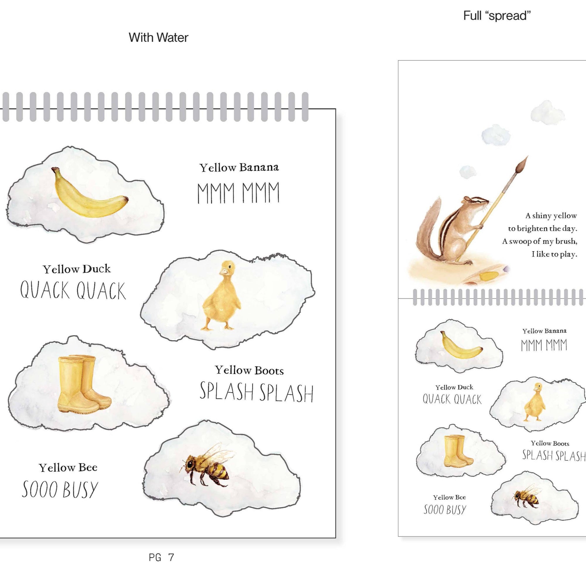Illustrations of a yellow banana, duck, boots, and bee on cloud-like shapes with text labels.