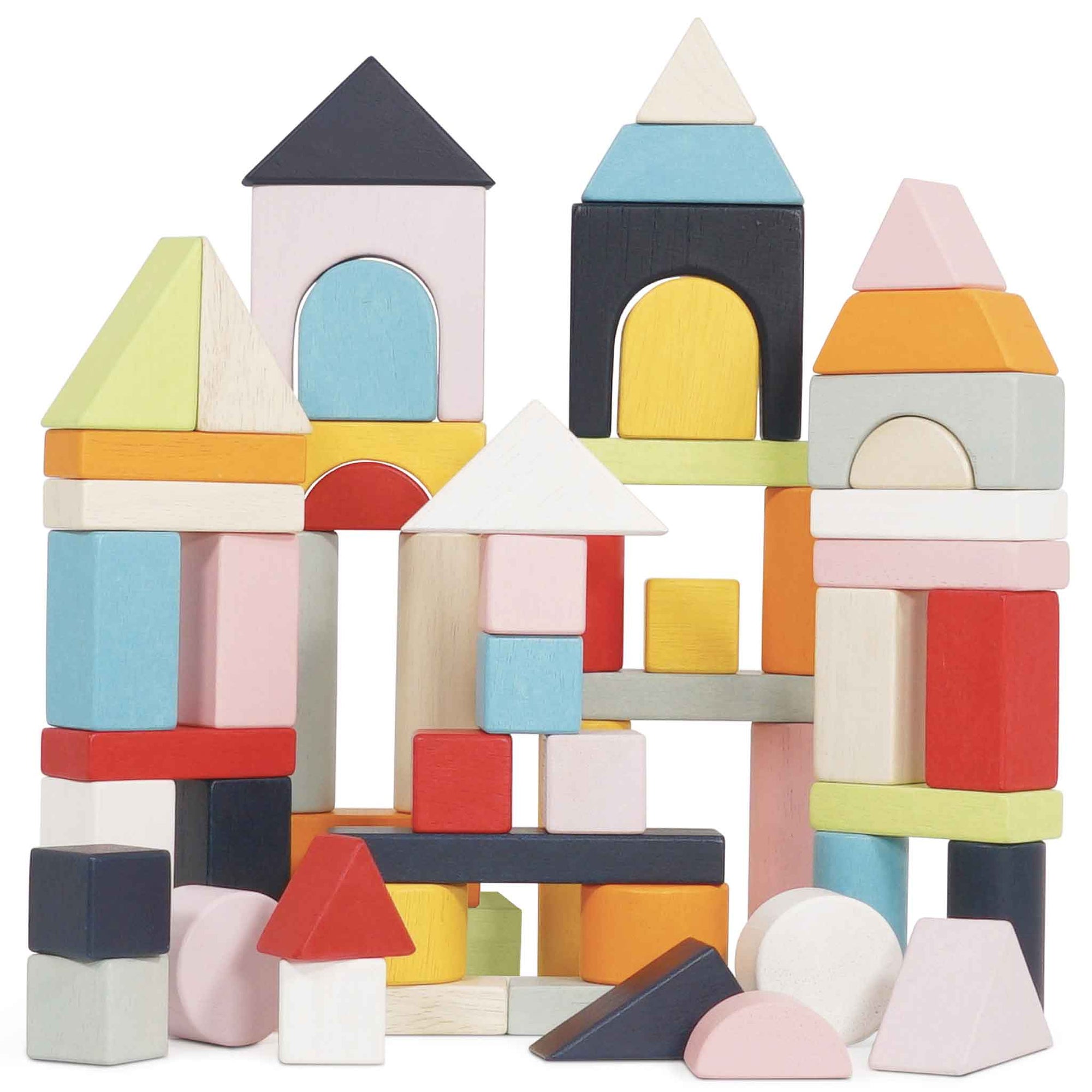Colorful wooden building blocks on a white background