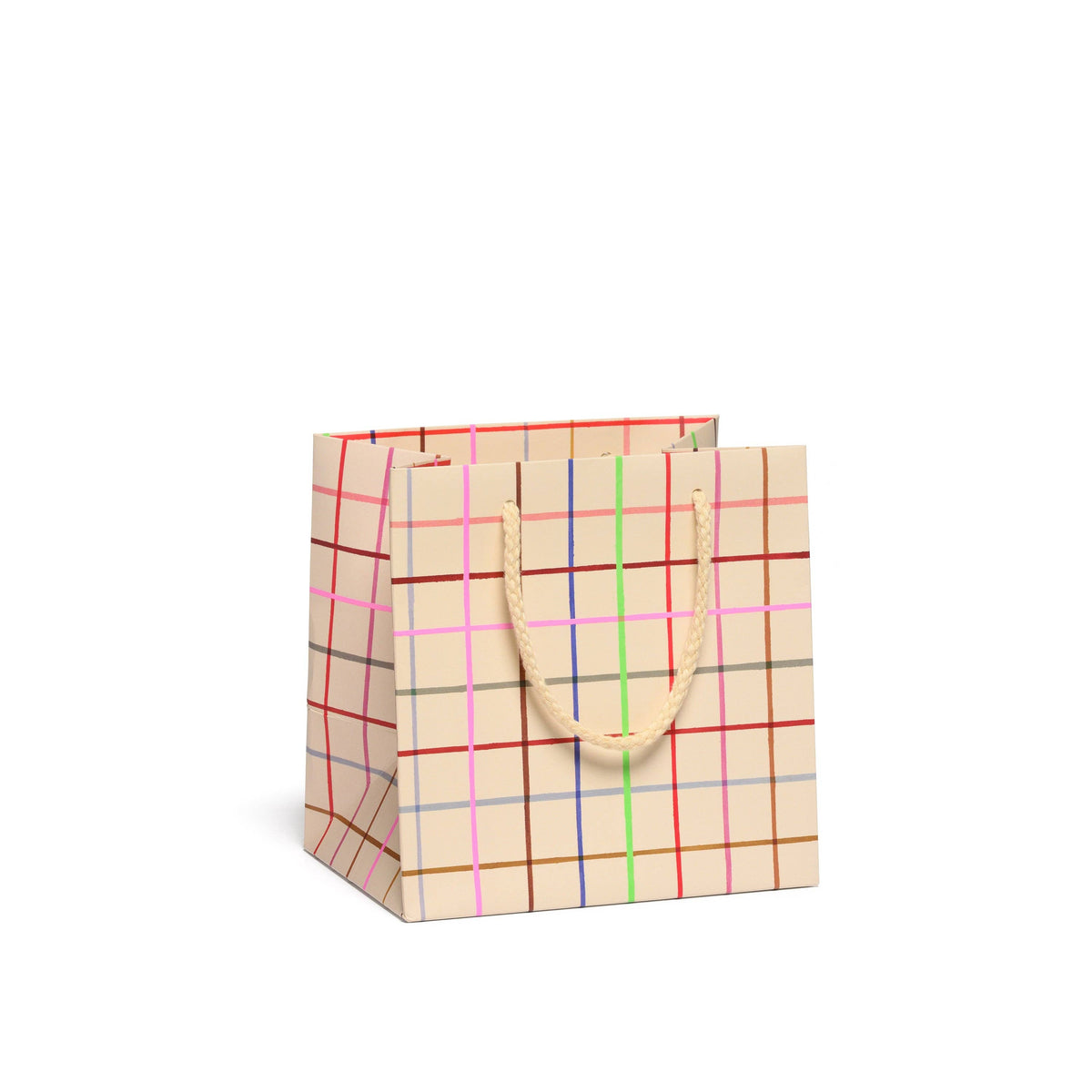 Beige tote bag with colorful plaid pattern on a white background