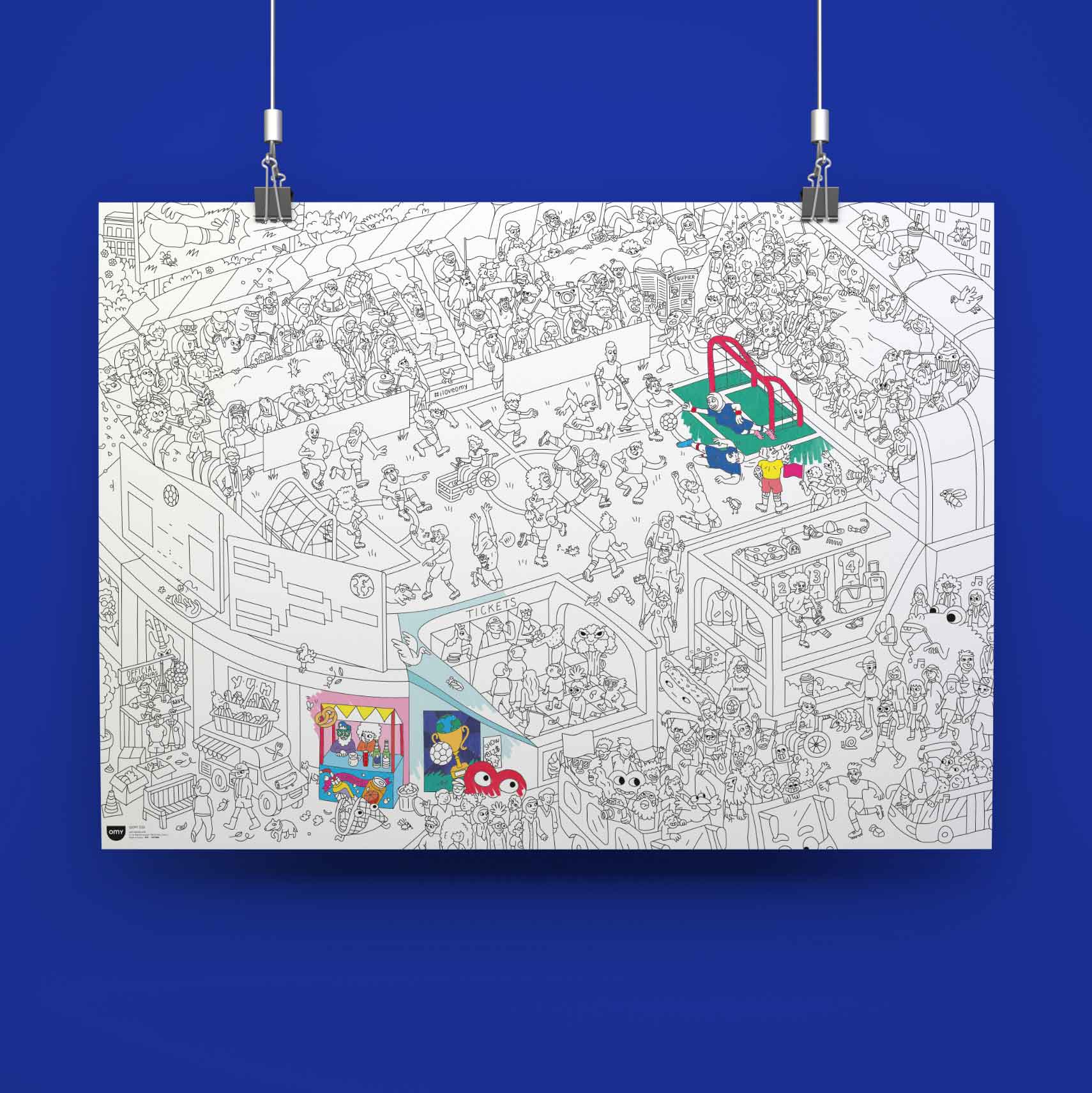 Coloring book page with detailed illustrations on a blue background
