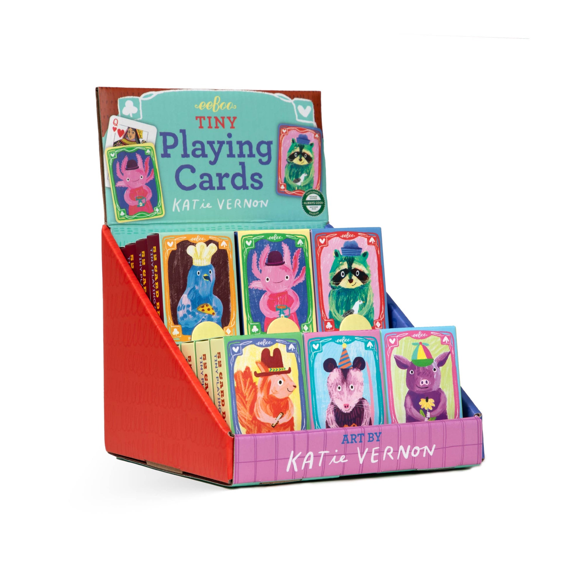 Display of 'Tiny Playing Cards' by Katie Vernon with colorful card designs.