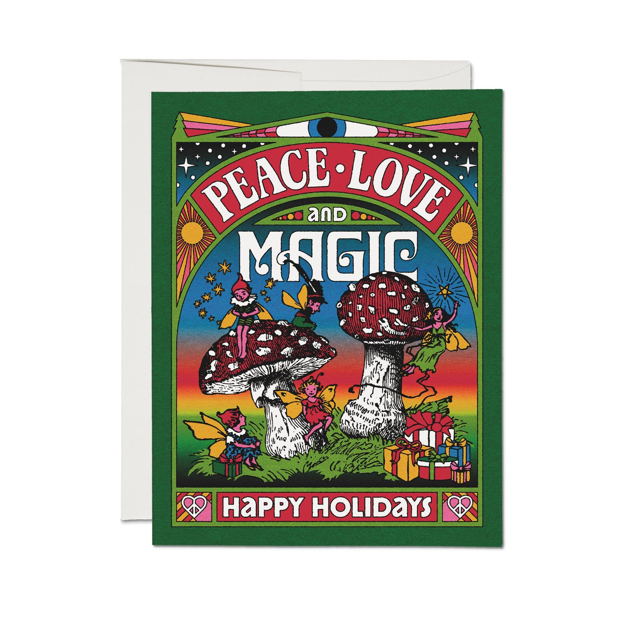 Greeting card with mushrooms, gift boxes, and text 'Peace Love and Magic Happy Holidays' on a colorful background.
