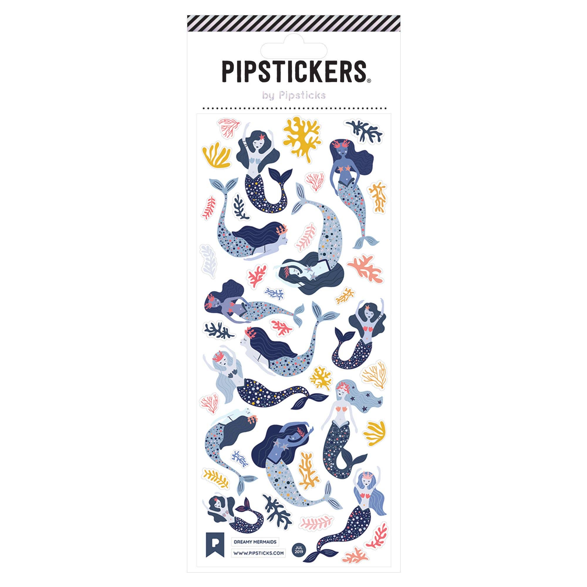 Packaging of PipStickers with mermaid illustrations on a white background