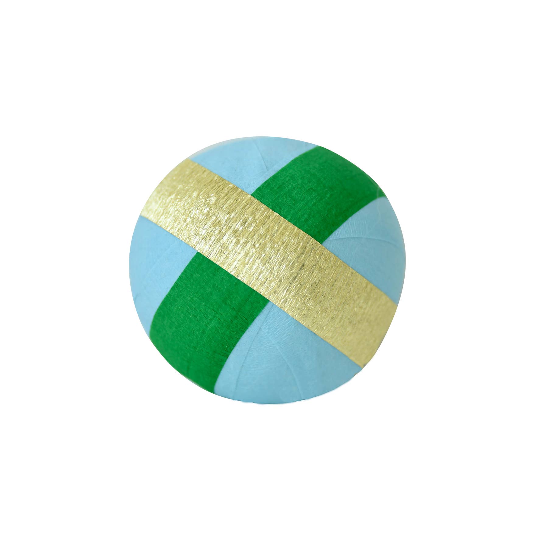 Round surprise ball with green, gold, and light blue stripes on a white background