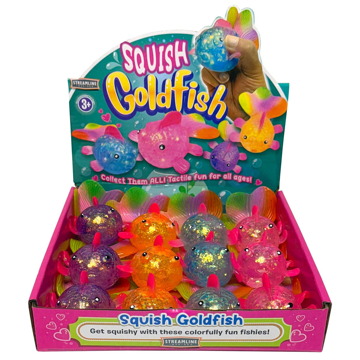 Box of Squish Goldfish toys with colorful packaging