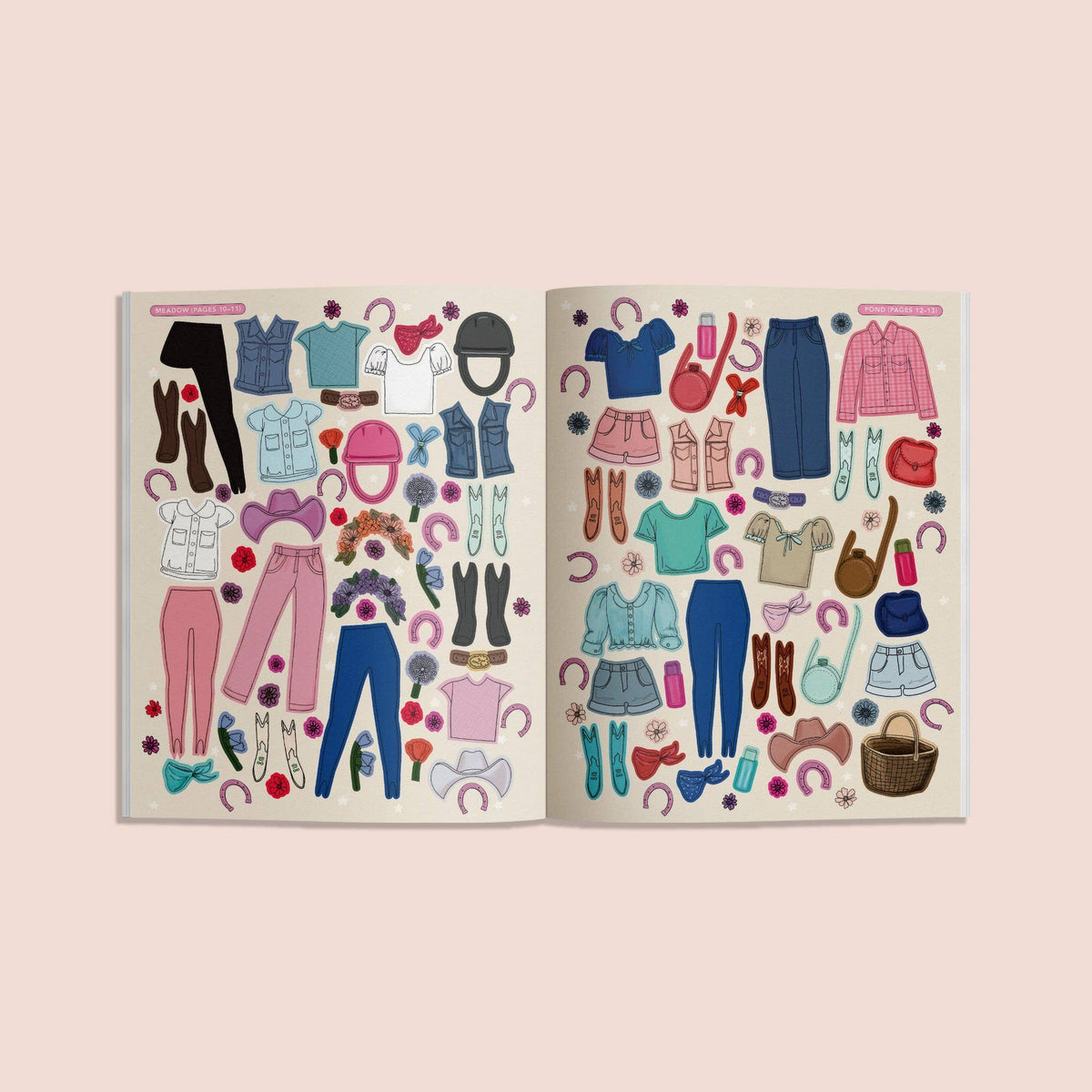 Open book with illustrations of clothing and accessories on a light pink background
