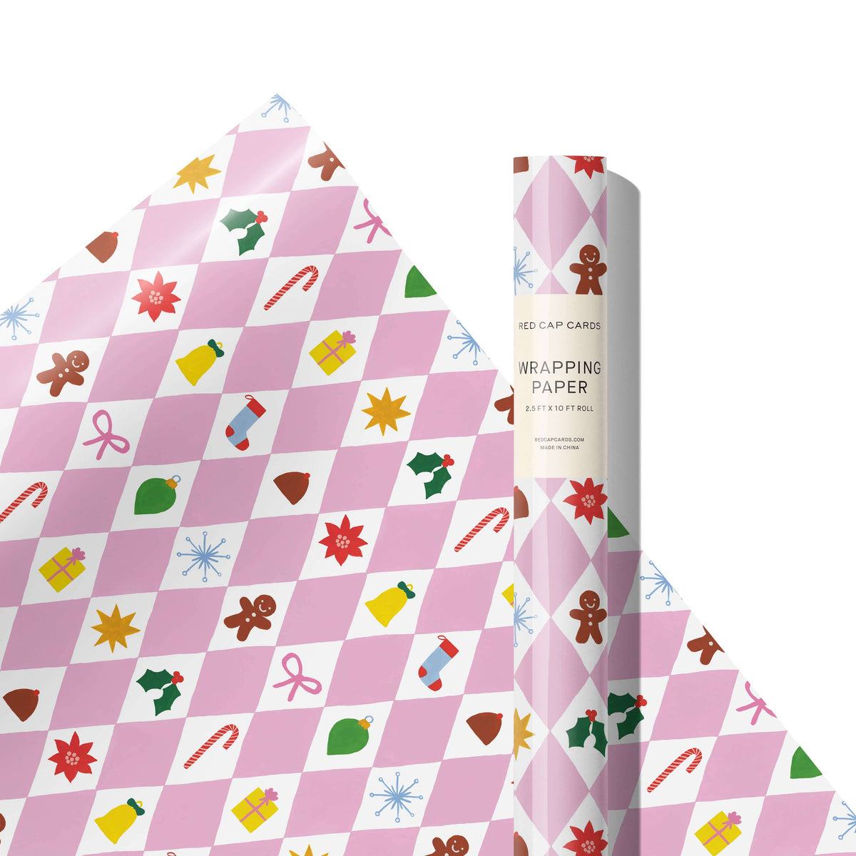 A roll of wrapping paper with a pink and light purple diamond pattern, decorated with small colorful Christmas-themed illustrations, shown partially unrolled next to the wrapped roll on a white background.