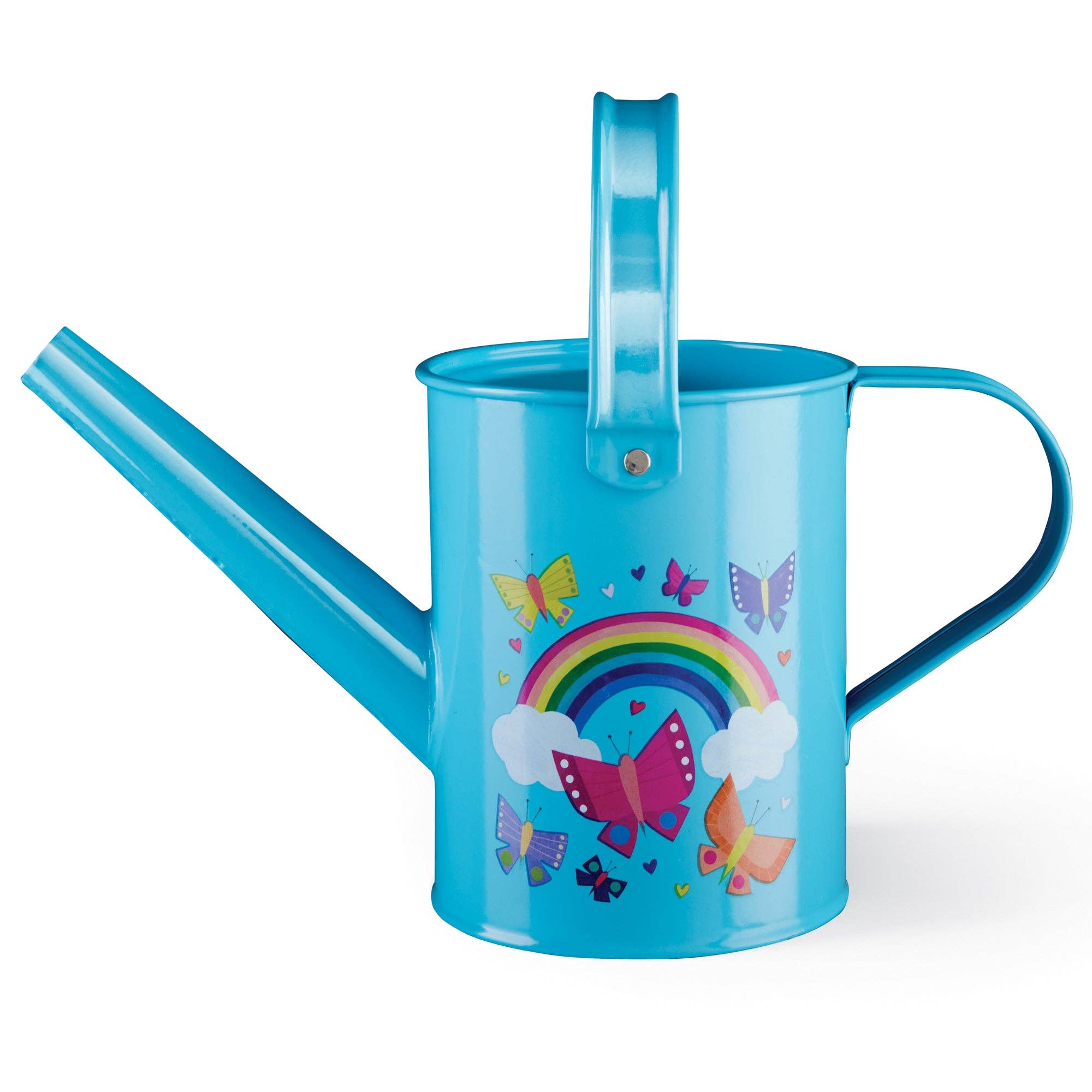 Blue watering can with butterfly and rainbow design on a white background