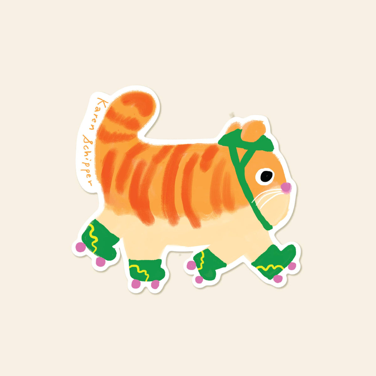 A die-cut sticker featuring a whimsical orange tabby cat wearing green roller skate gear, including a headband and skates, on a light beige background. The name 'Karen Schipper' is printed vertically on the left side of the sticker.