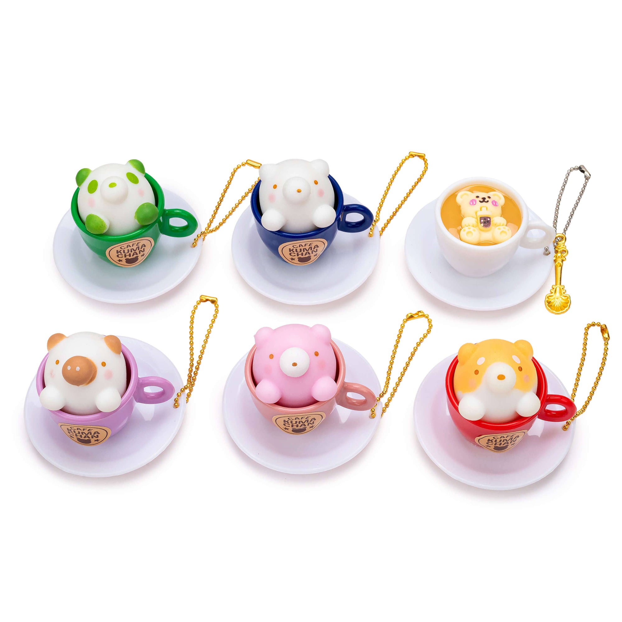 Set of cute animal-themed teacup figurines with colorful handles on a white background