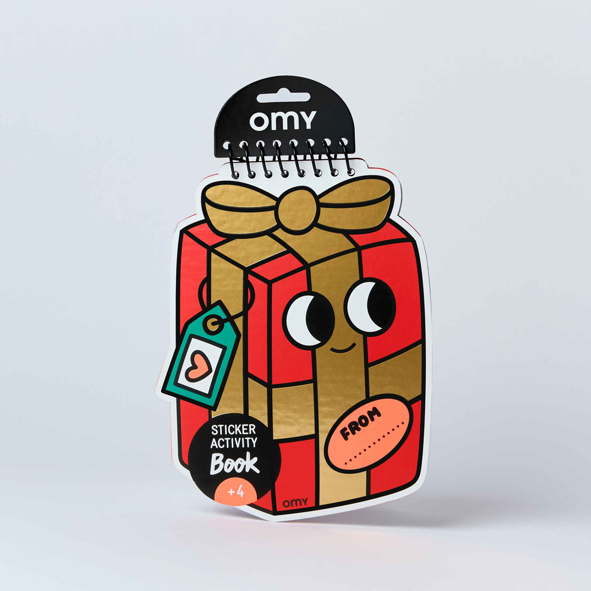 Omy Sticker Activity Book featuring a cute cartoon gift box character on the cover, designed with a spiral binding and black header card.