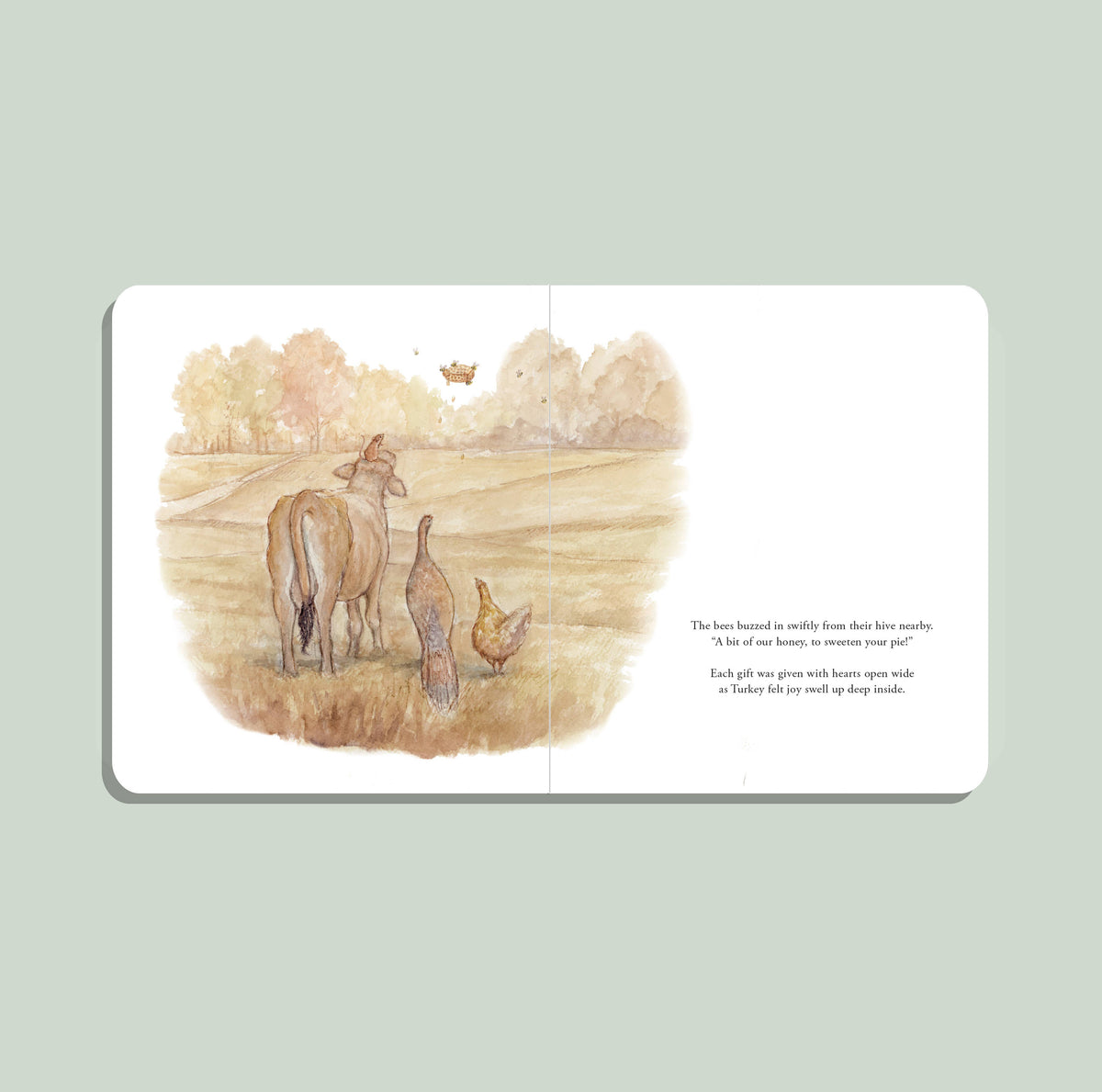 An open children's picture book spread showing a watercolor illustration of a cow, hen, and duck in a field, with a short poem printed on the right page, set against a pale sage green background.