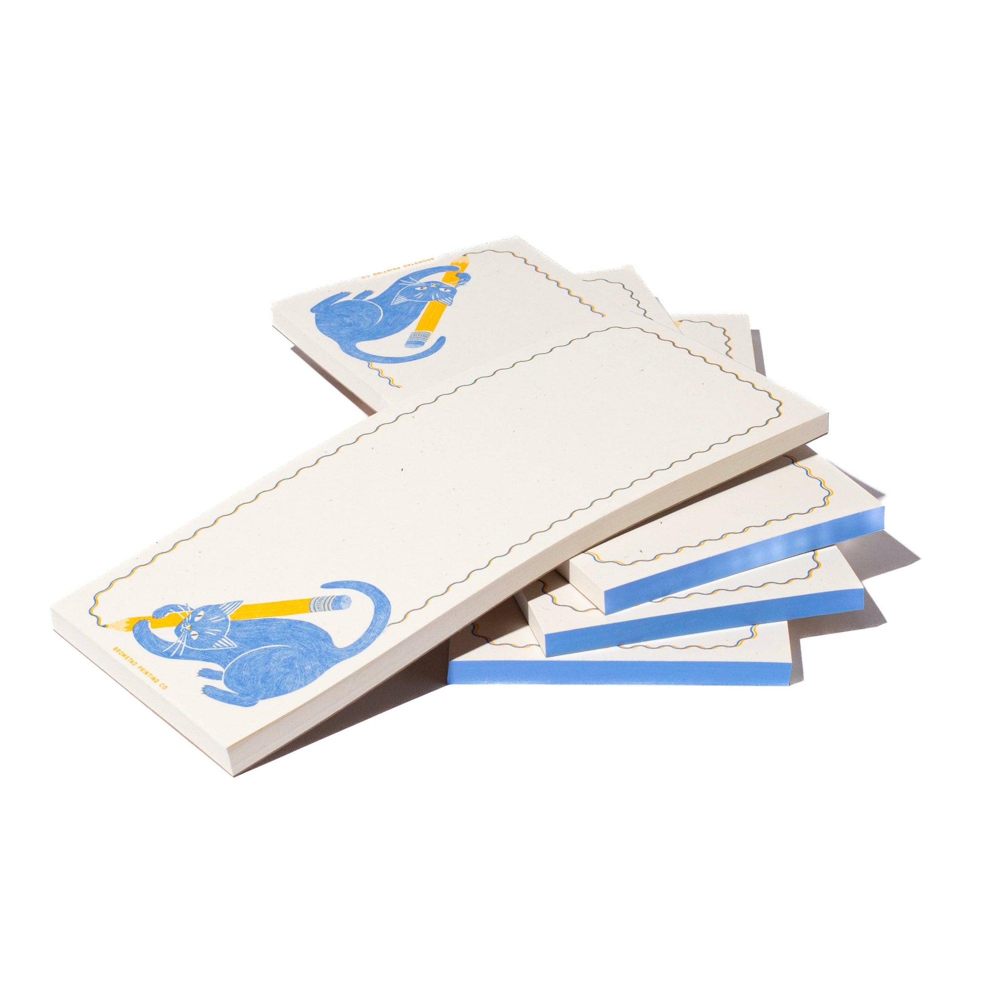 Stack of white cards with blue cat illustrations on a white background