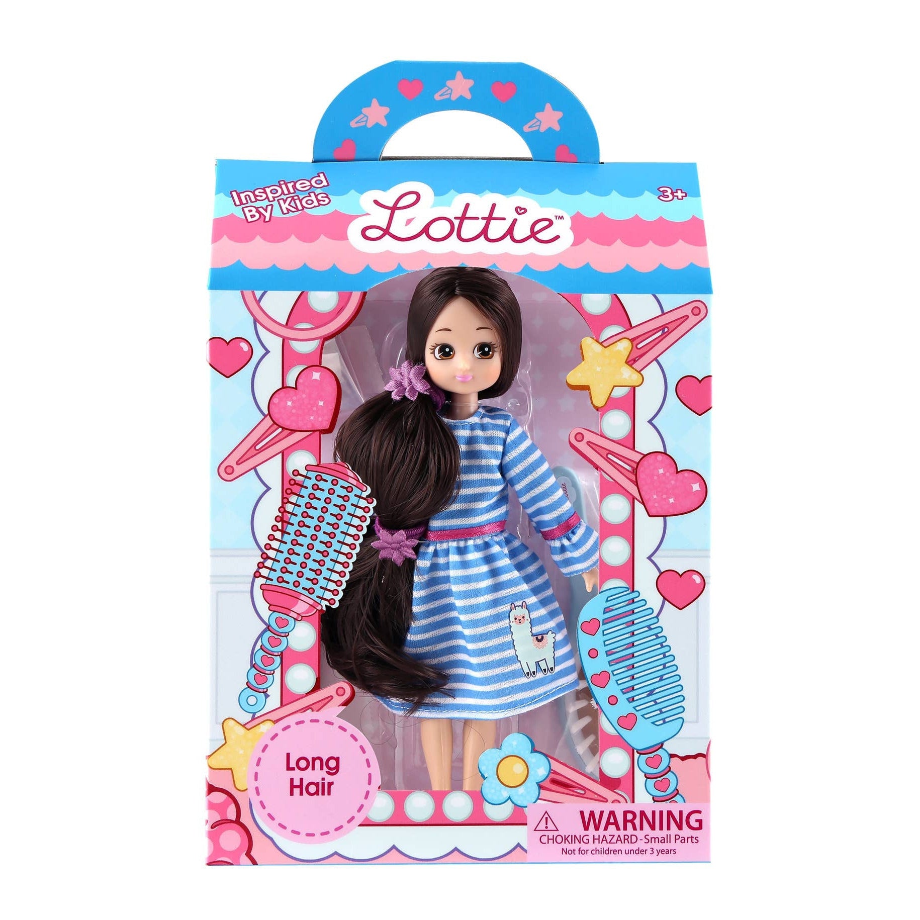 Lottie doll packaging with a doll inside, surrounded by hair accessories on a white background.