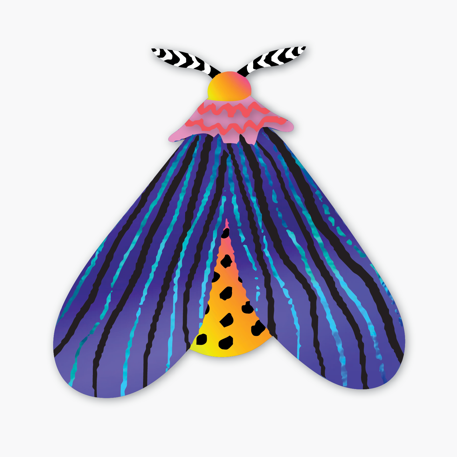 Colorful moth-shaped object with striped wings on a white background