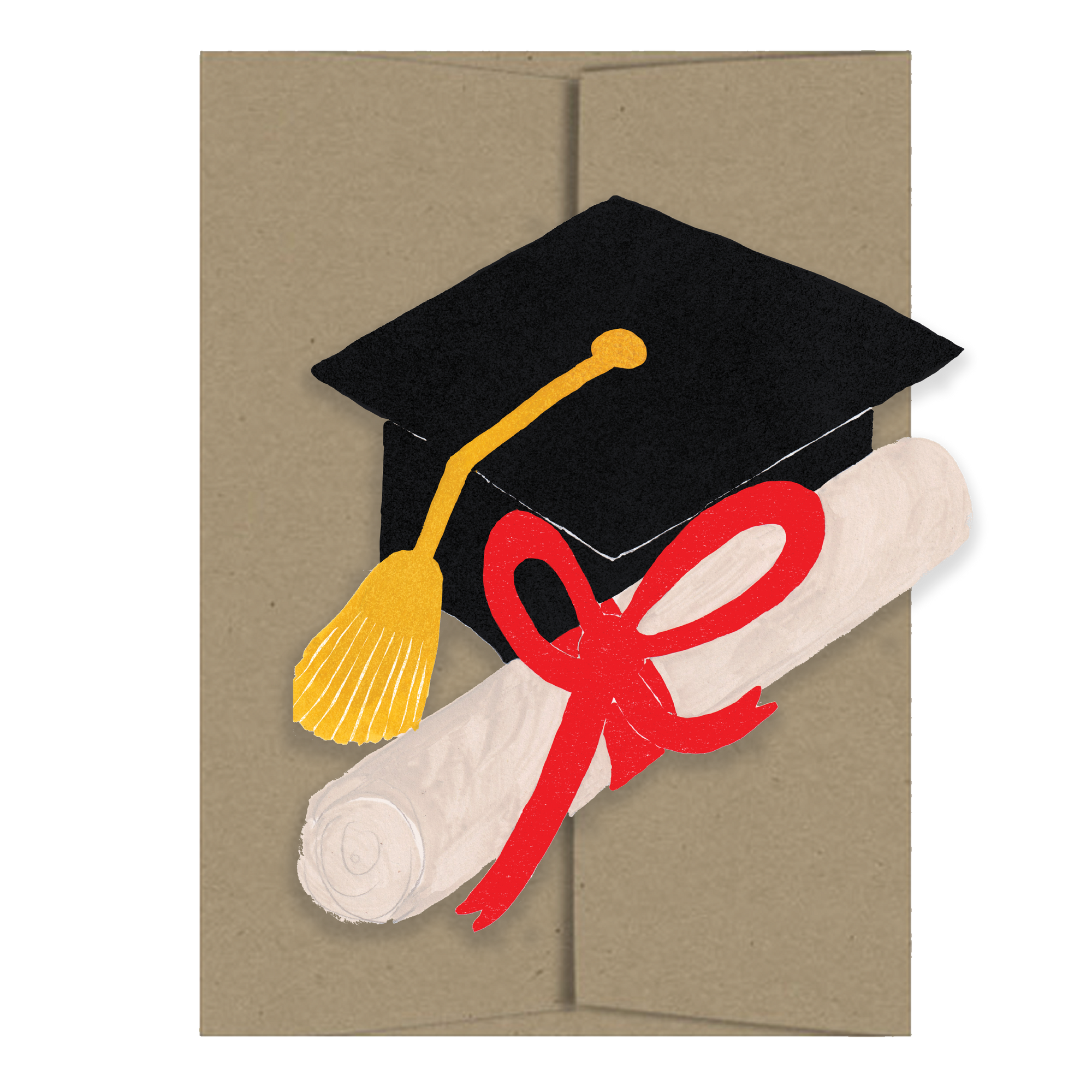Graduation-themed card with a cap, diploma, and tassel on a beige background