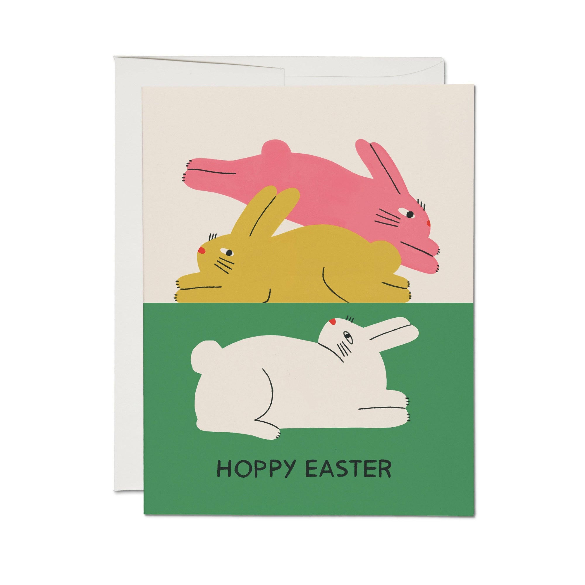 Greeting card with colorful bunnies and 'Hoppy Easter' text on a white background