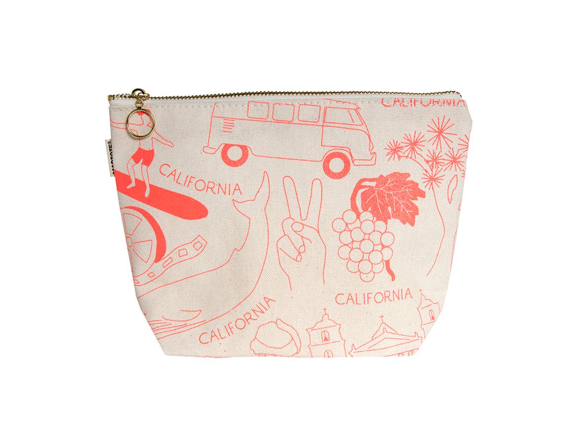 A small zippered pouch with a cream background and coral-pink line-art illustrations of California-themed motifs, including a van, surfboard, grapevine, hand with peace sign, and buildings. The word 'CALIFORNIA' appears multiple times.