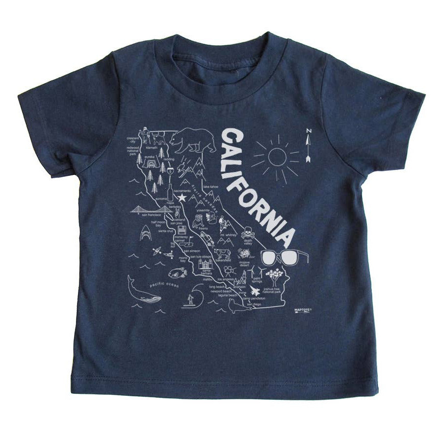 Navy blue t-shirt with white 'California' map design on a white background