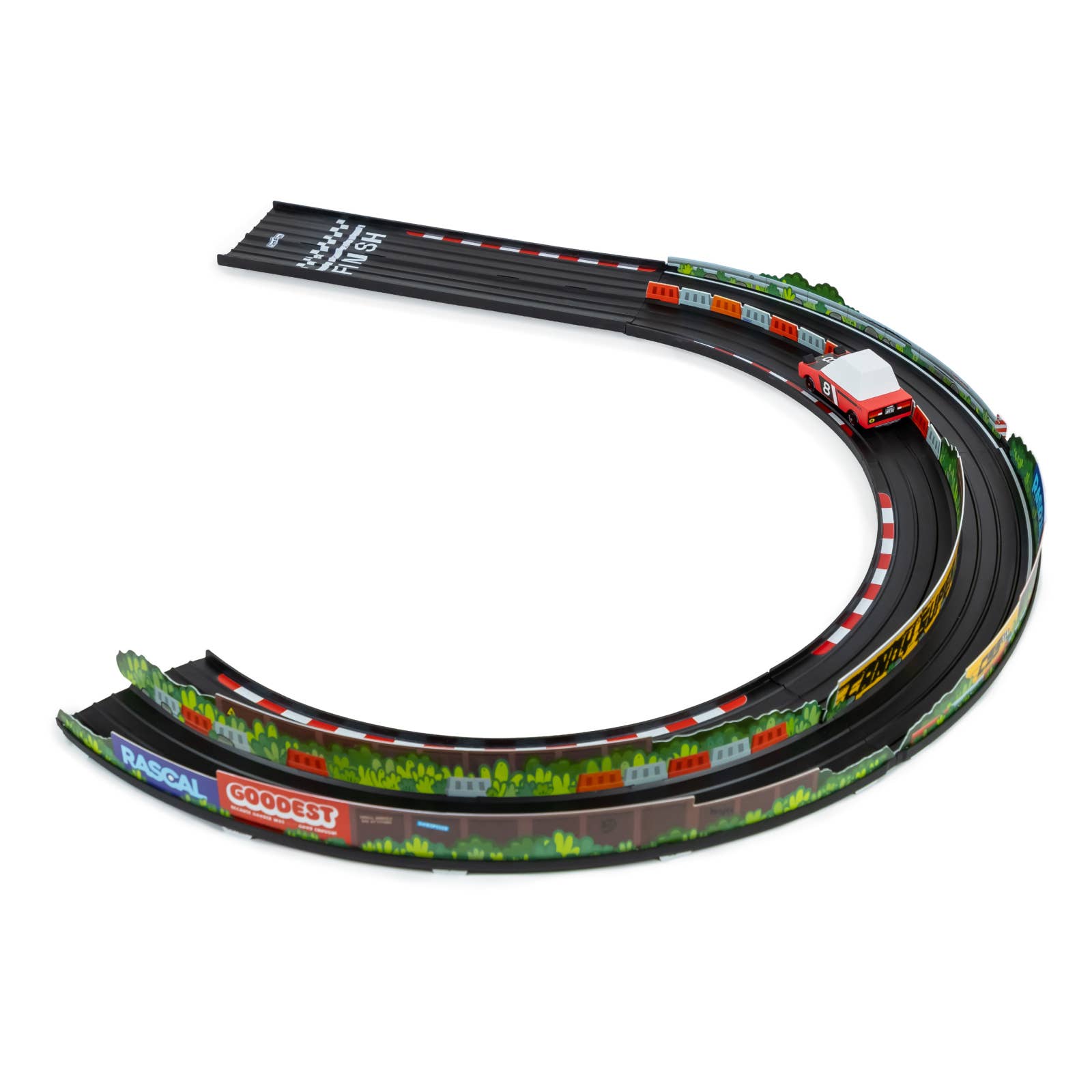 Toy race track set with cars on a white background