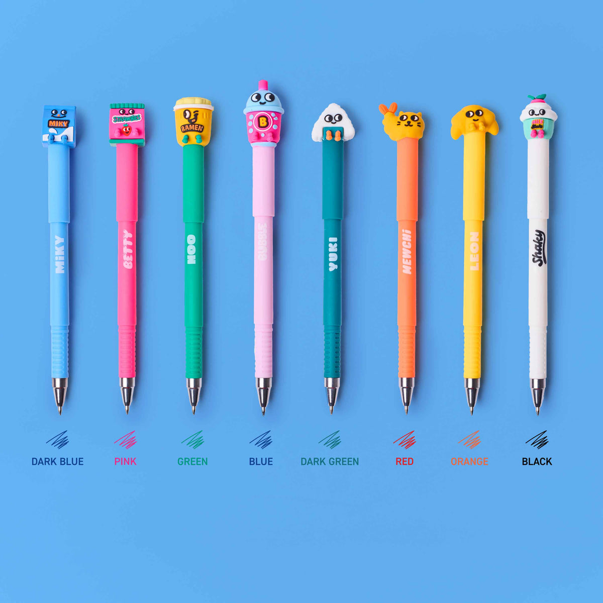Set of colorful pens with cartoon characters on a blue background