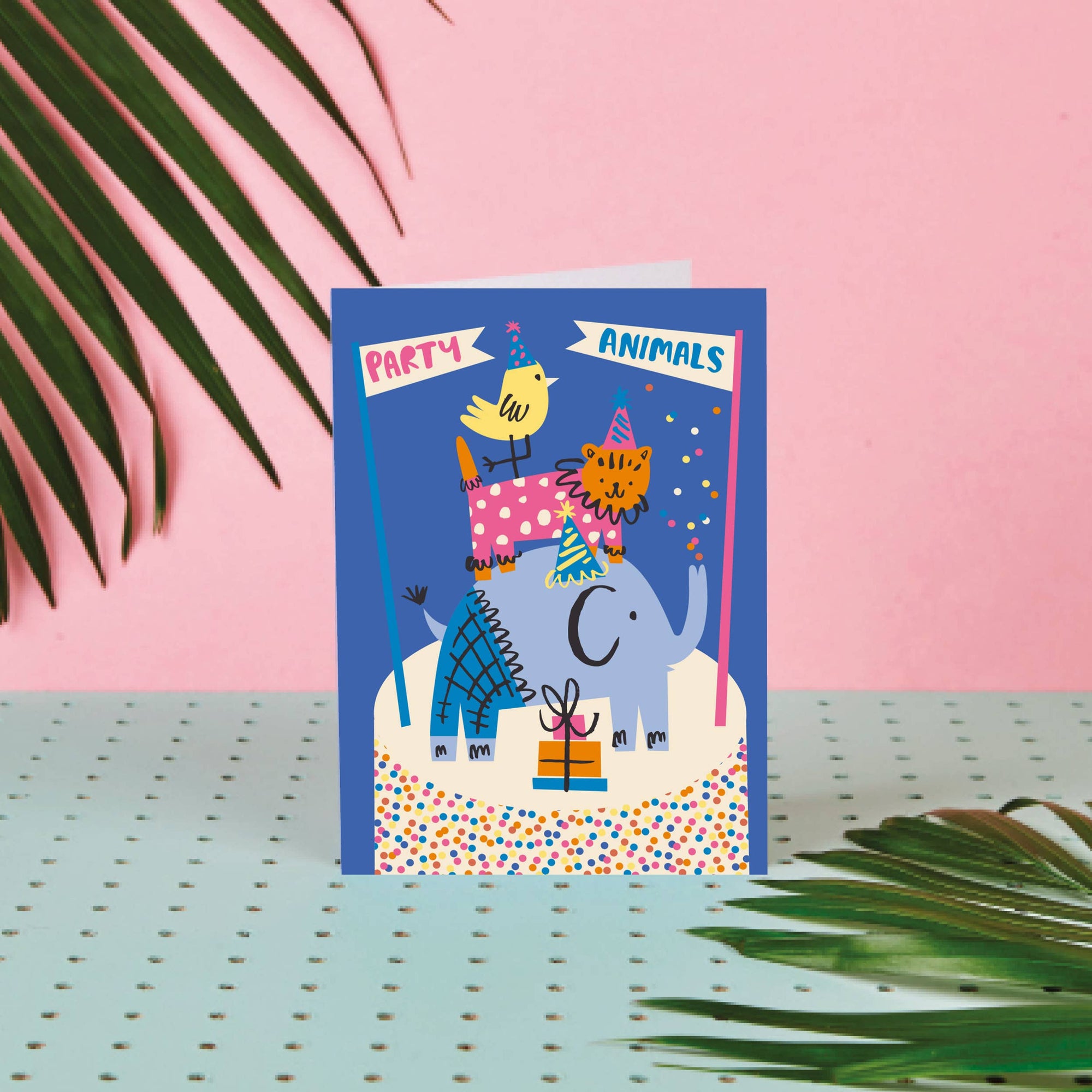 Children's party invitation card with cartoon animals on a pink and blue background