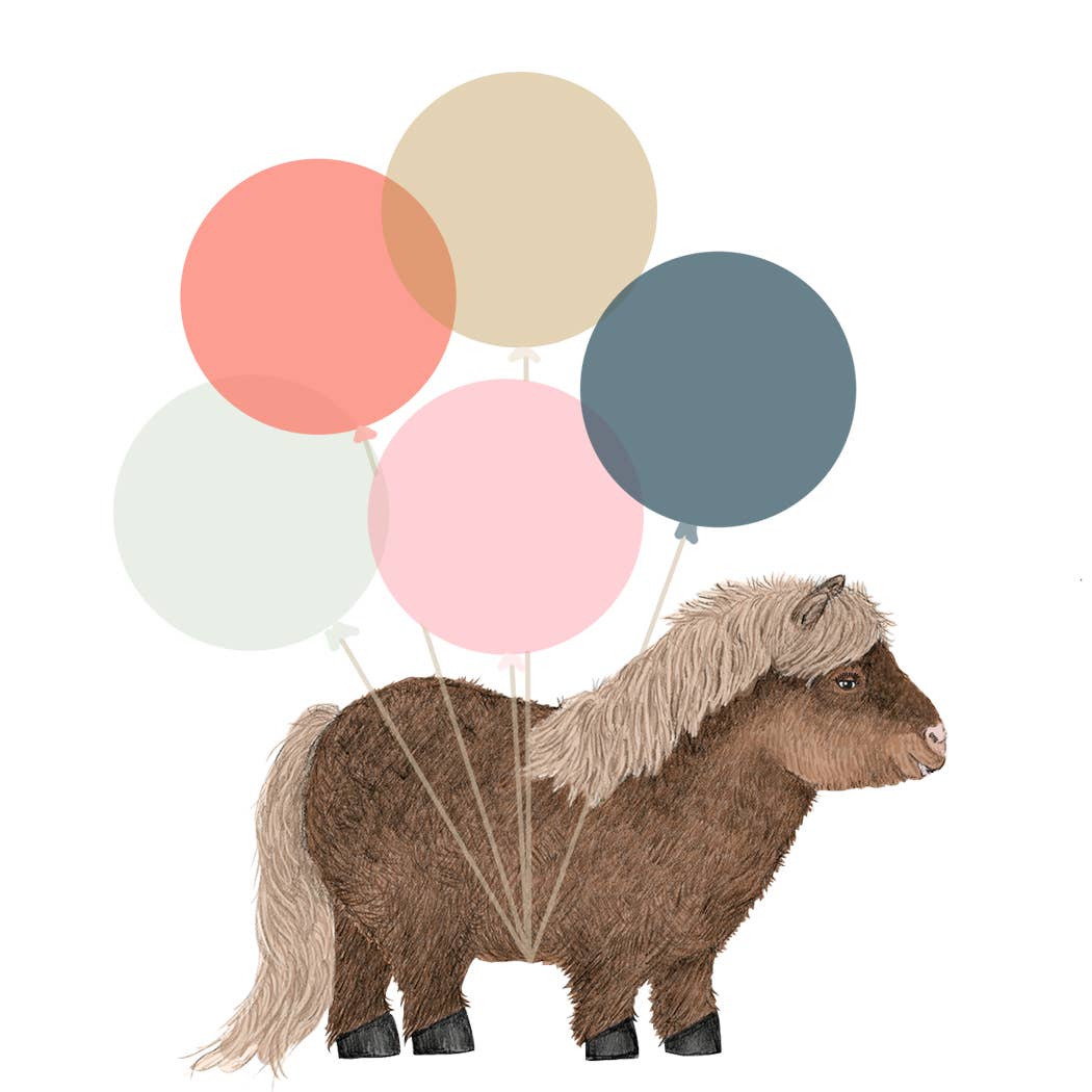 Illustration of a pony with balloons on a white background