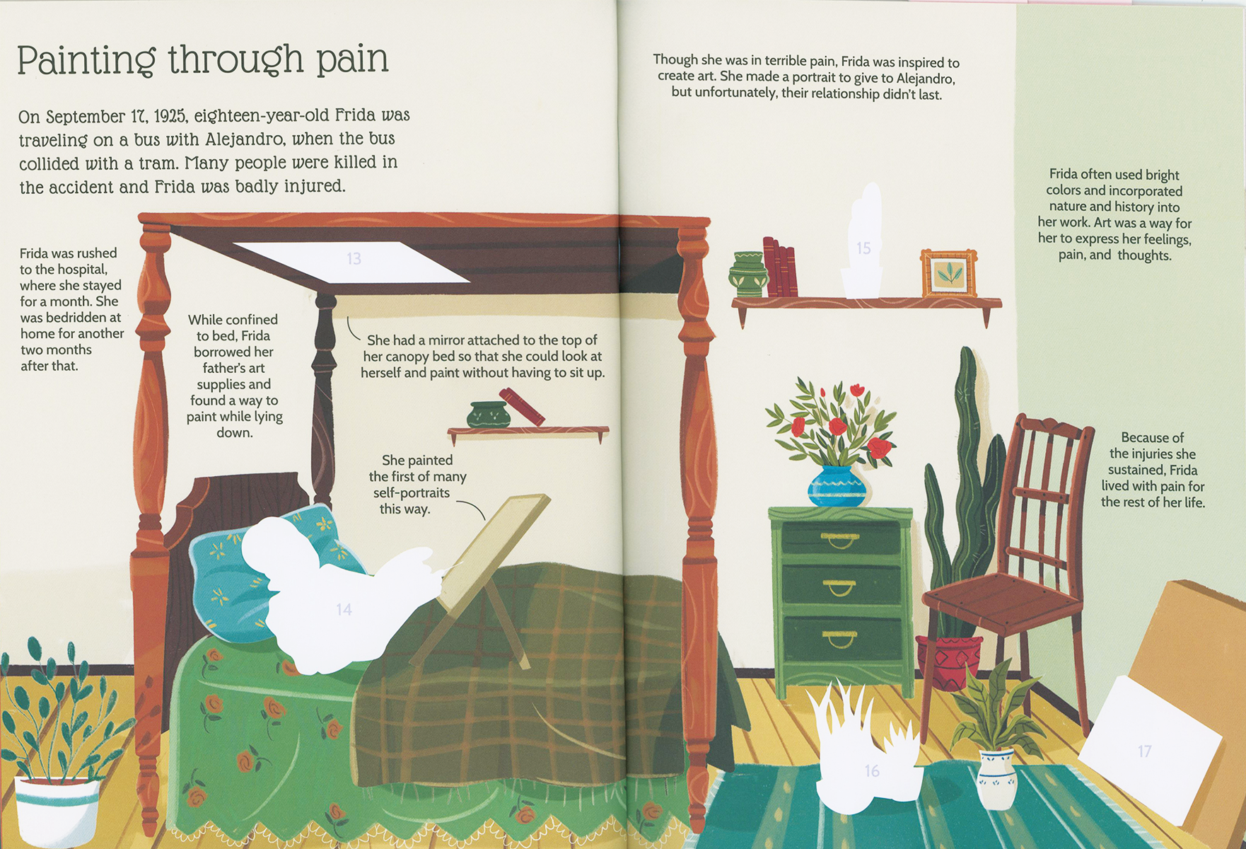 Illustrated book page about Frida Kahlo's life and art, showing a bedroom scene with Frida in bed.