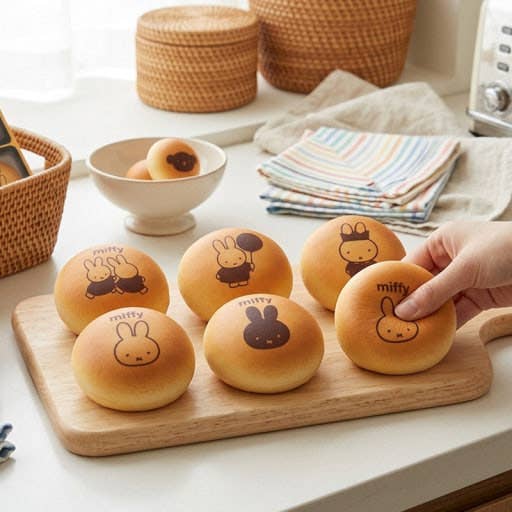 Five Miffy-themed round buns with printed cartoon faces and the word 'miffy' are arranged on a wooden board on a kitchen counter, with a hand reaching for one bun. Woven baskets, a small bowl, and striped napkins are visible in the background.