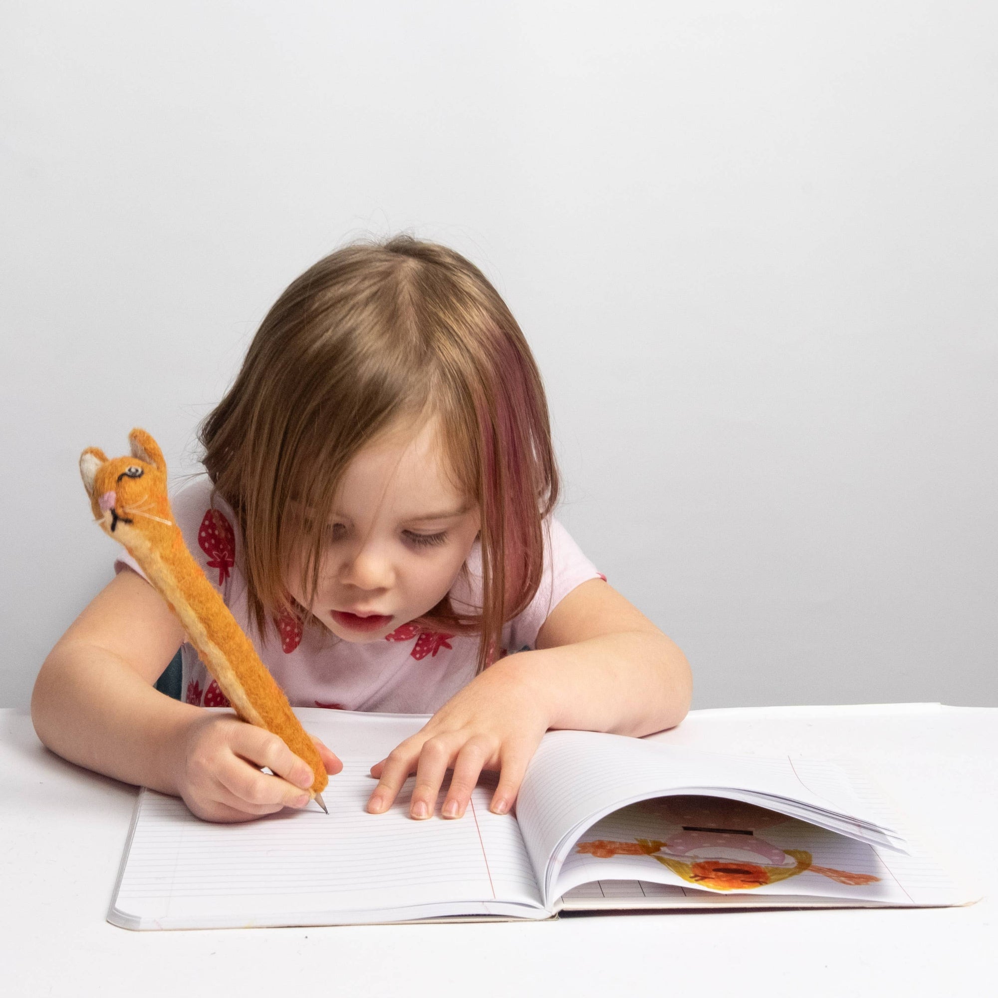 Child writing in a book with a plush toy on a white background