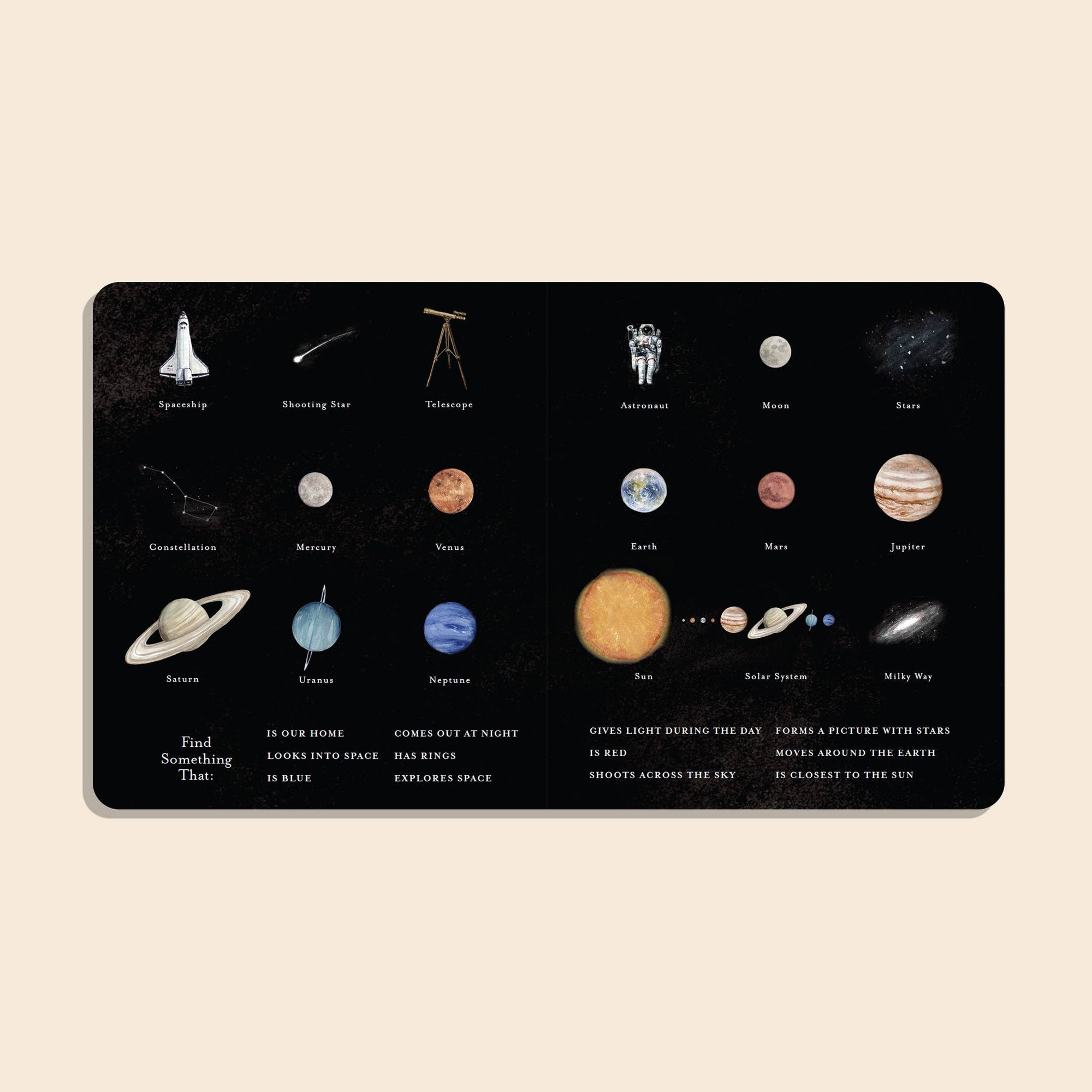 Educational book with illustrations of planets and space-related items on a black background