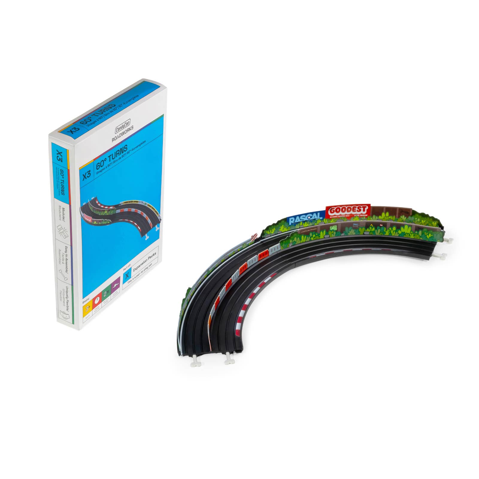 Model race track with packaging on a white background