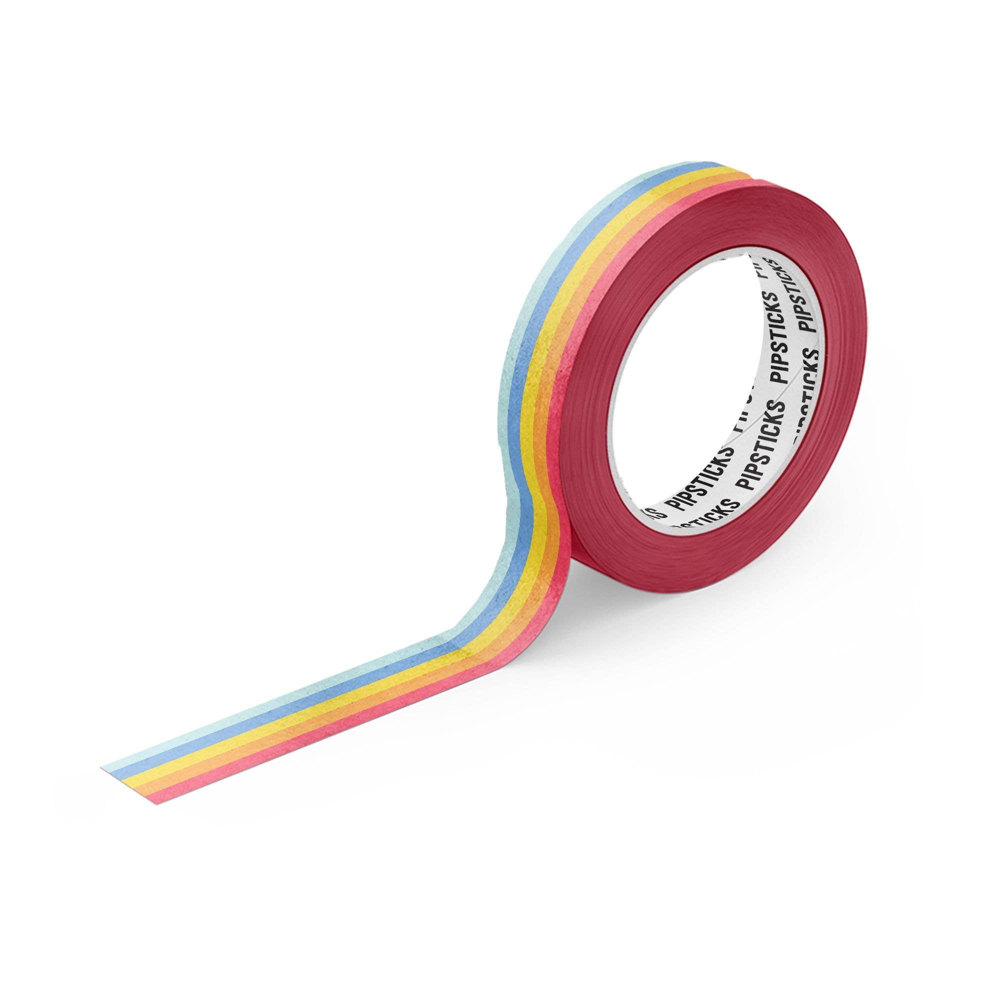 Roll of rainbow-colored tape on a white background